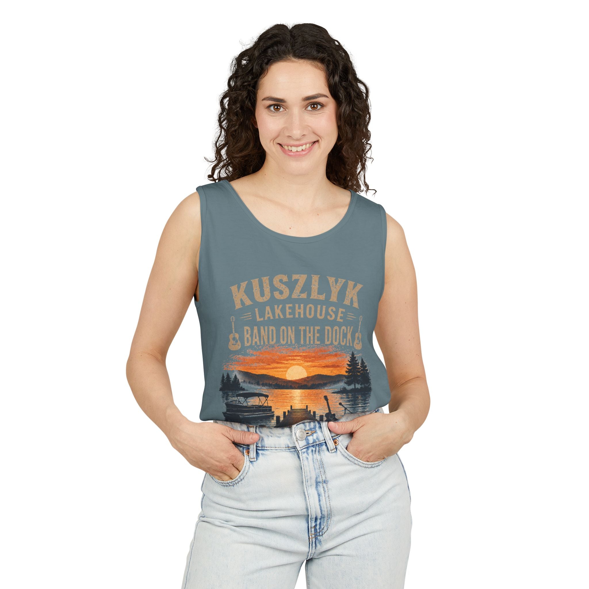 Lakehouse Tank Top — "Band on the Dock" Personalized Sunset Dock Tee