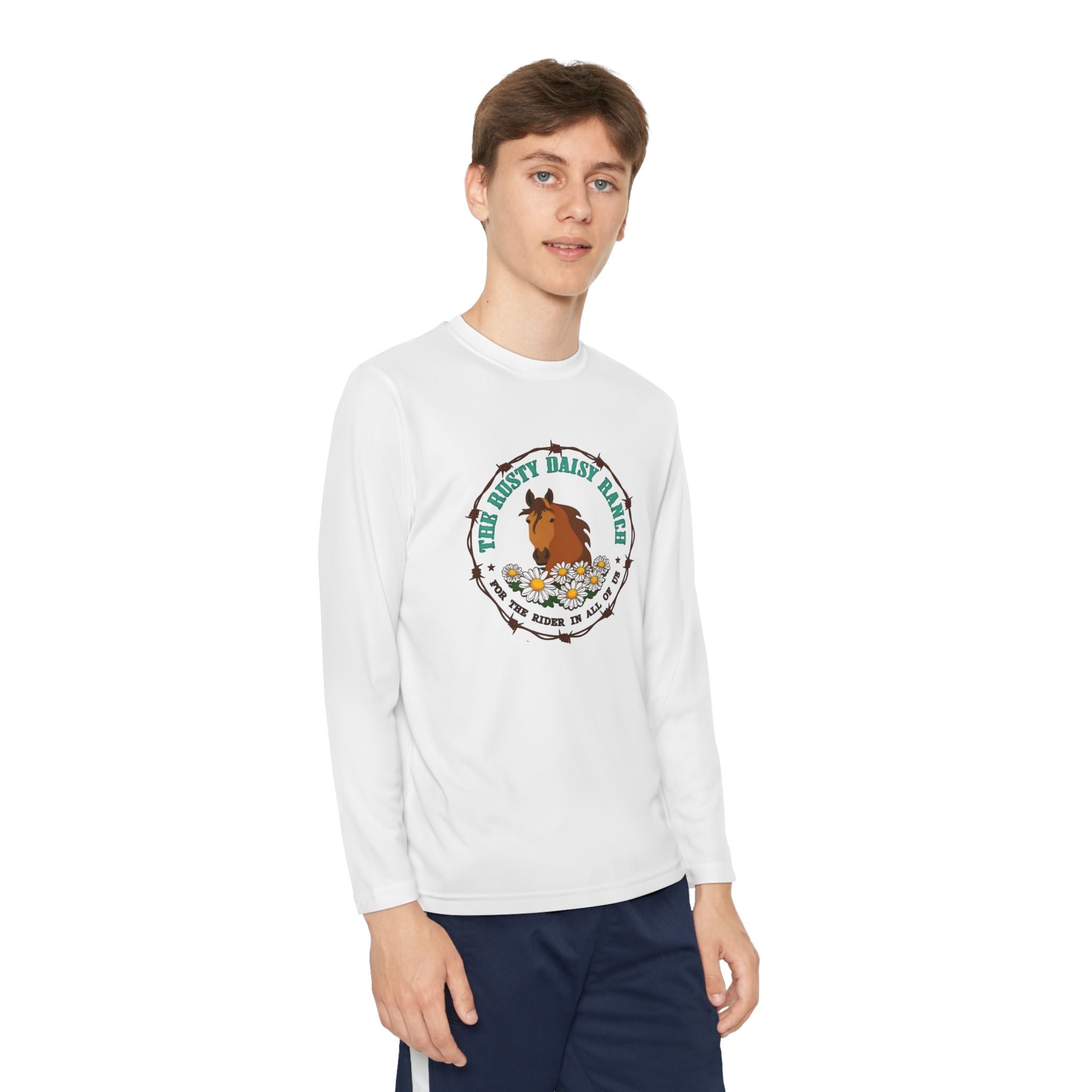 Youth Long Sleeve Tee — "The Rusty Daisy Ranch logo & "Follow Me Down the Trail to" on back