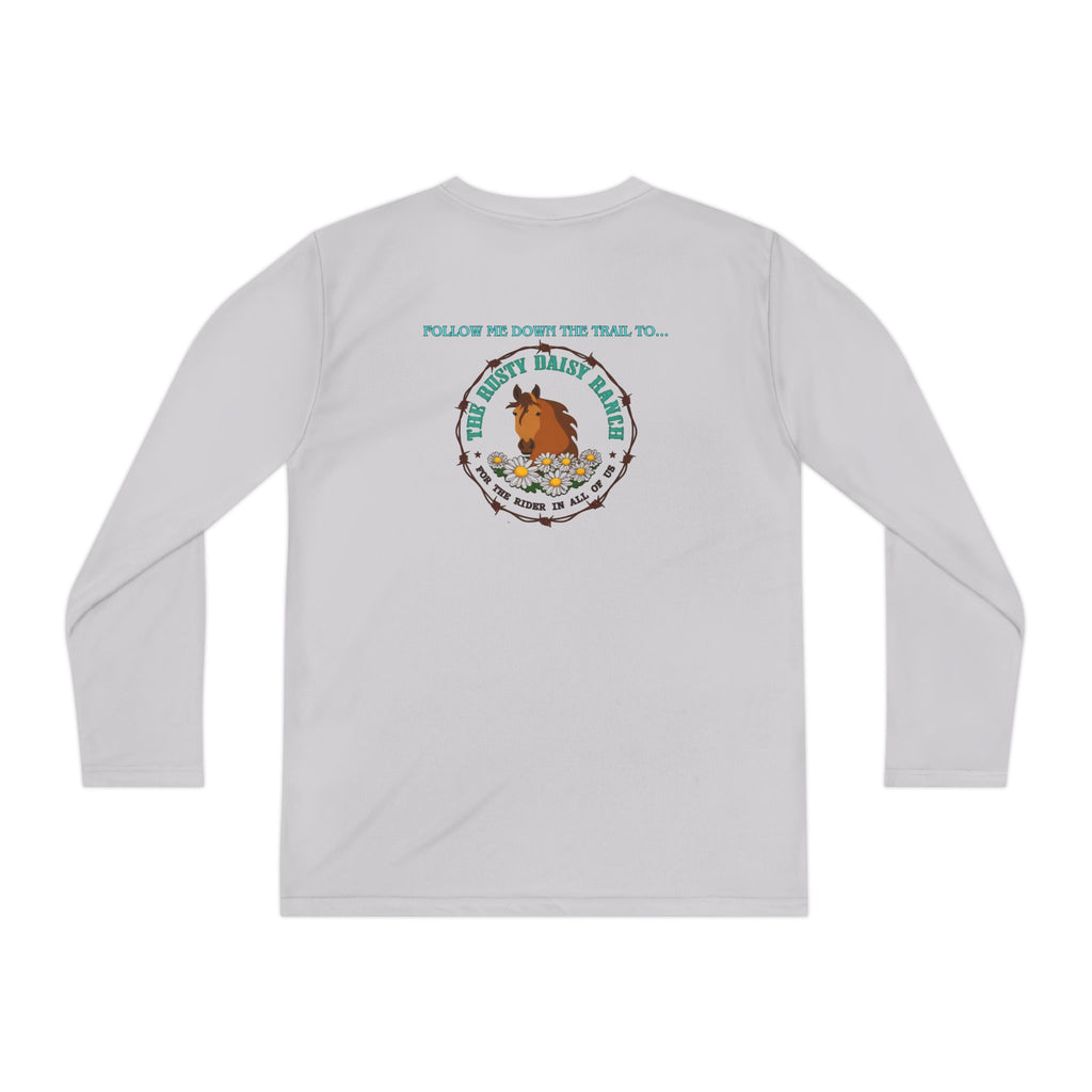 Youth Long Sleeve Tee — RDR logo in front & Follow me down the trail to & logo in back