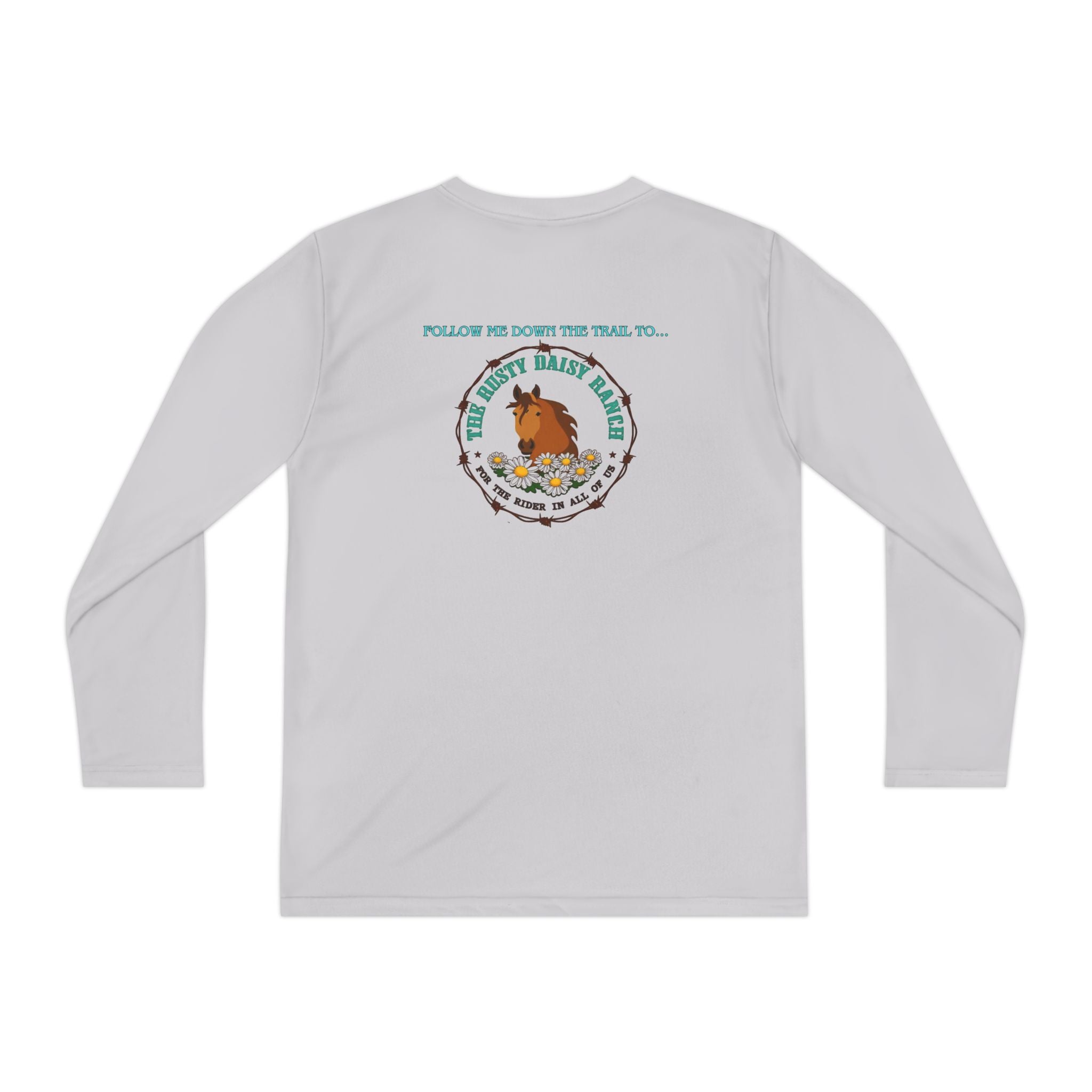 Youth Long Sleeve Tee — RDR logo in front & Follow me down the trail to & logo in back