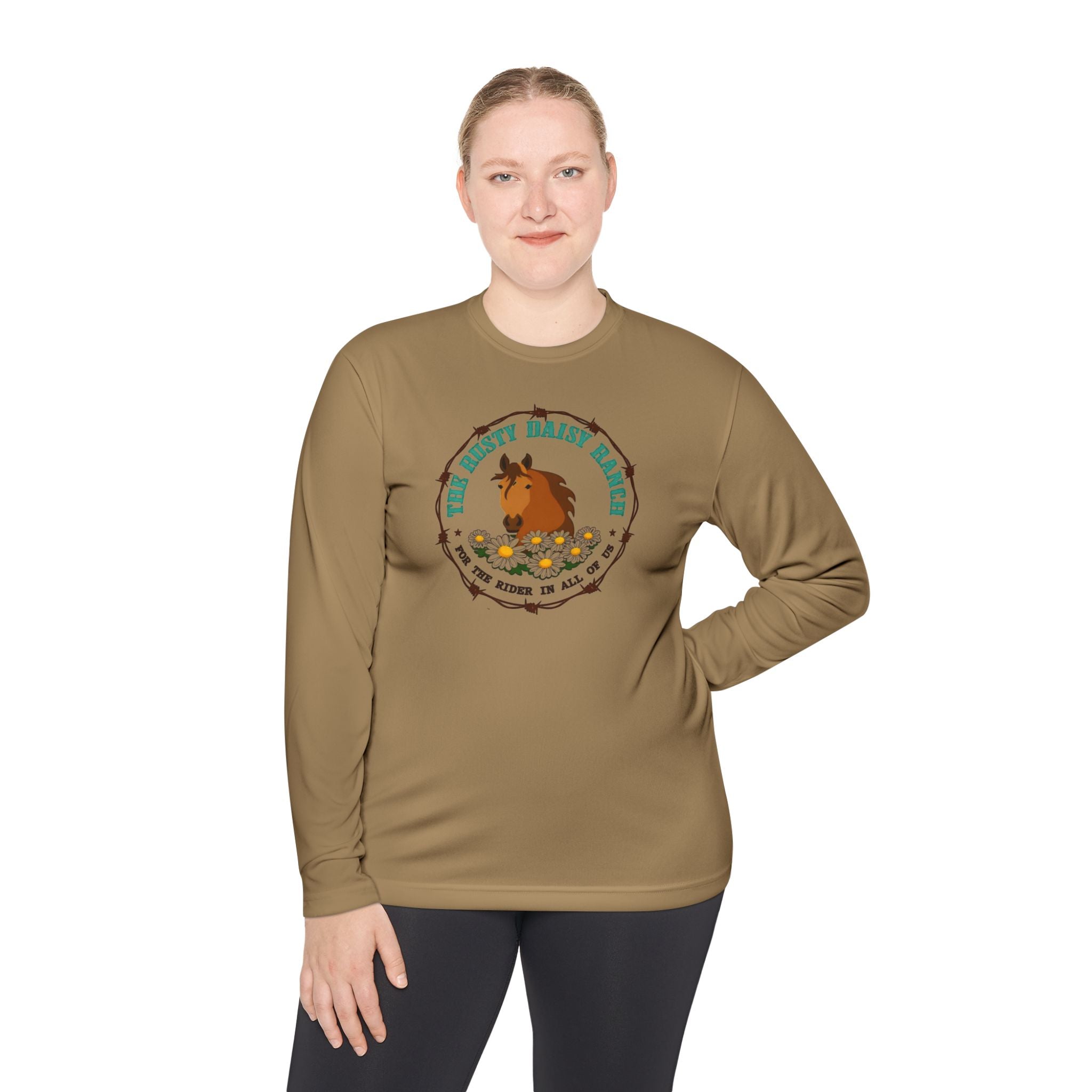 Long Sleeve Tee —Rusty Daisy Ranch logo front & "Follow me down the trail to" on back