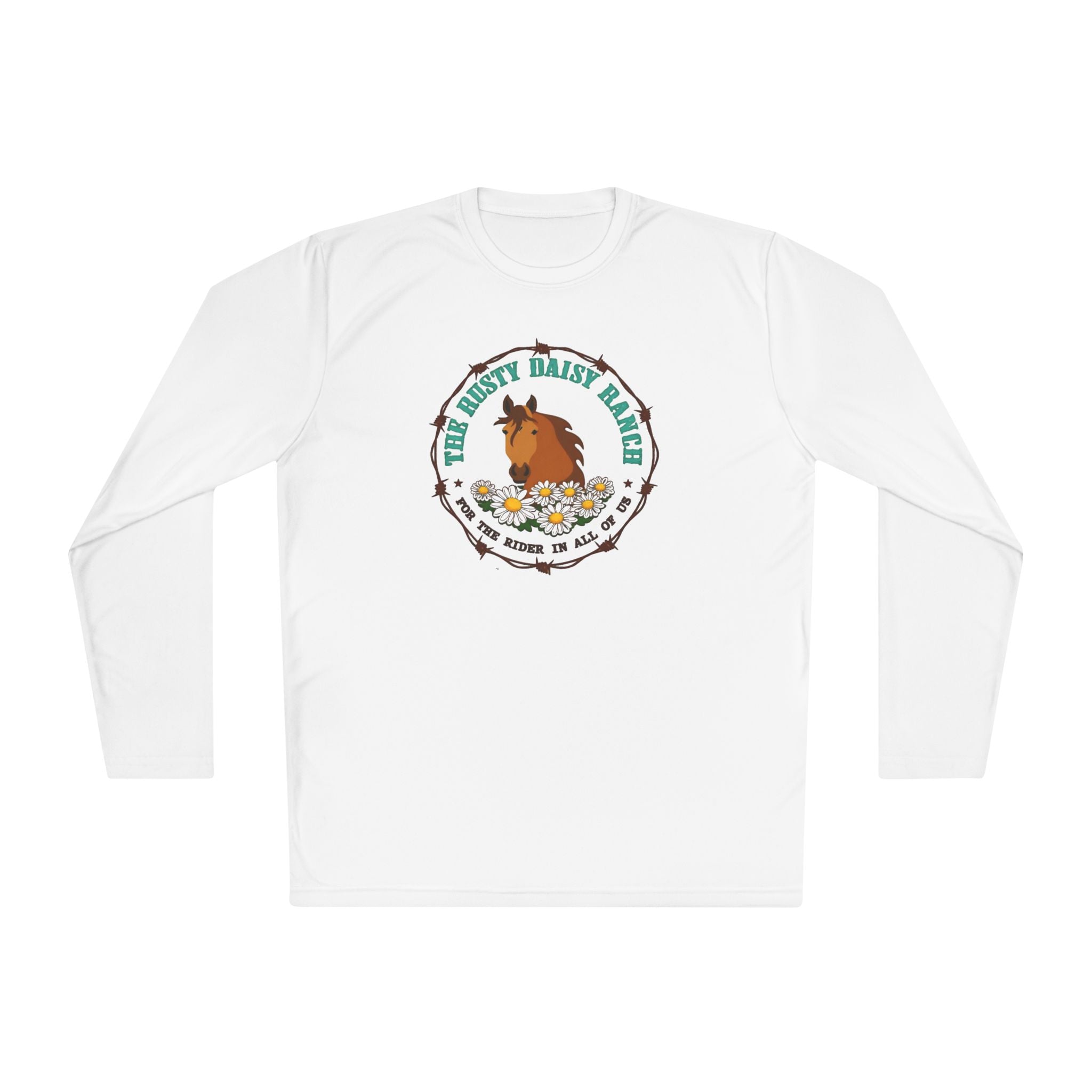 Long Sleeve Tee —Rusty Daisy Ranch logo front & "Follow me down the trail to" on back