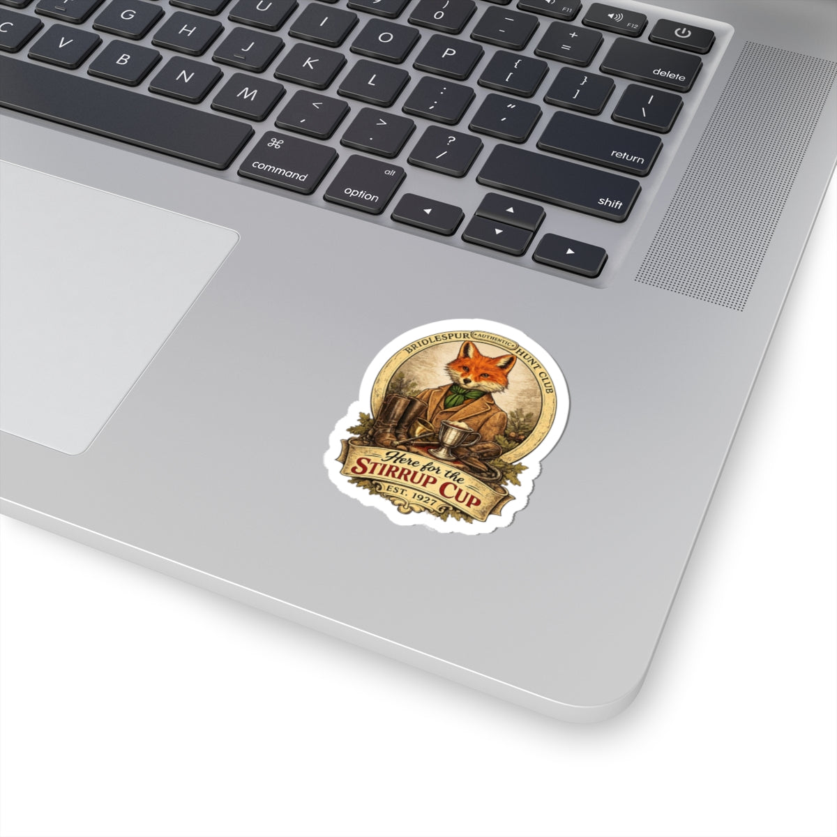 Vintage Fox Sticker — “Here for the Stirrup Cup” Kiss-Cut Vinyl Sticker