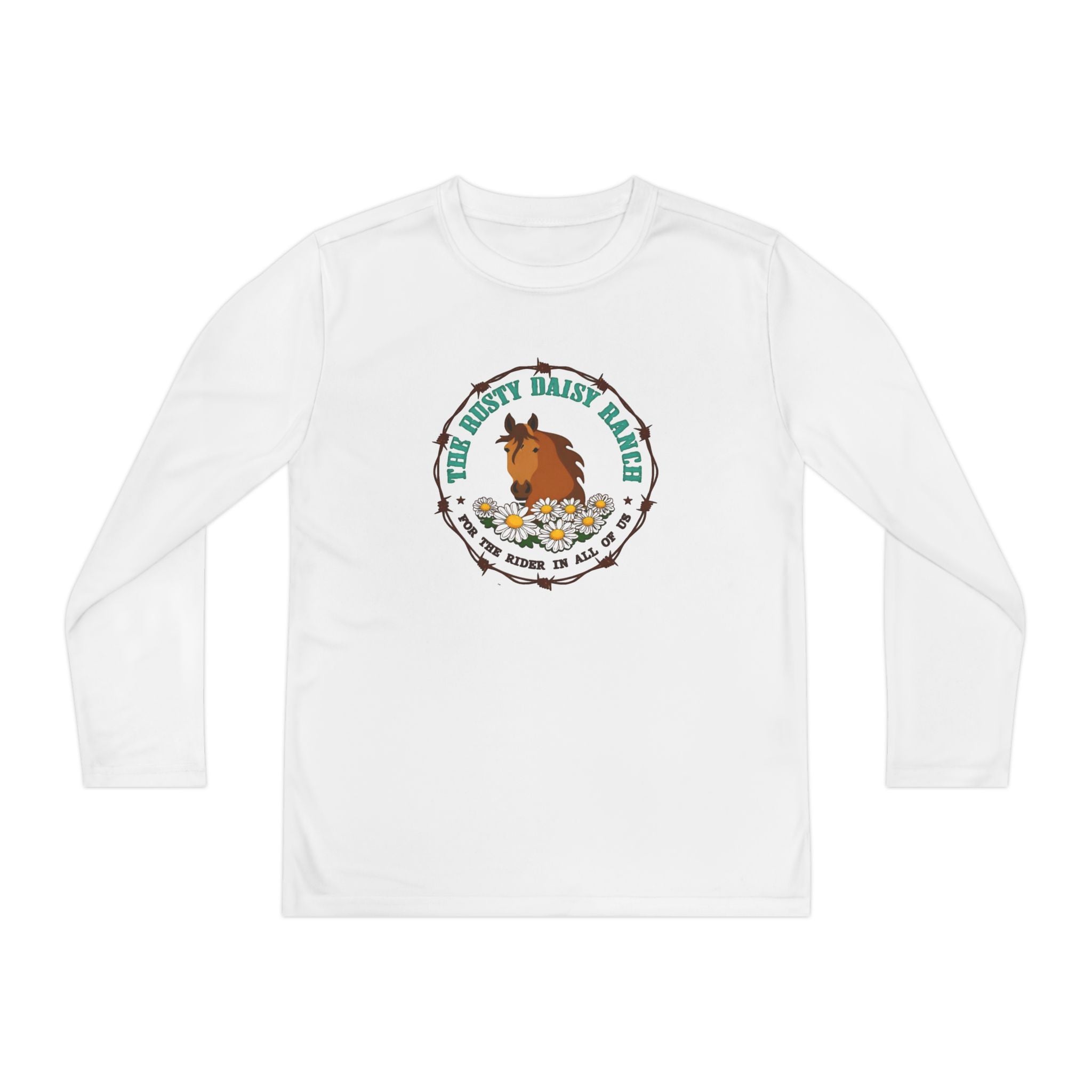 Youth Long Sleeve Tee — "The Rusty Daisy Ranch logo & "Follow Me Down the Trail to" on back