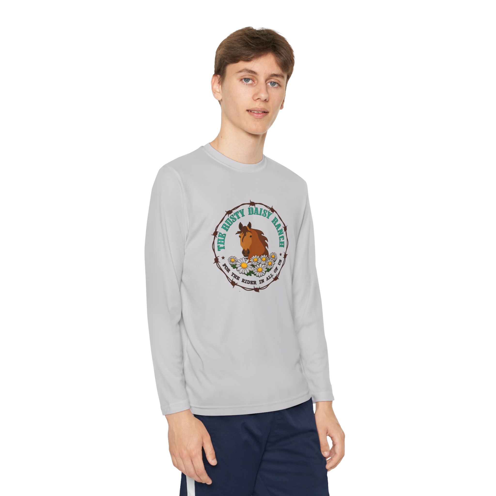 Youth Long Sleeve Tee — "The Rusty Daisy Ranch logo & "Follow Me Down the Trail to" on back