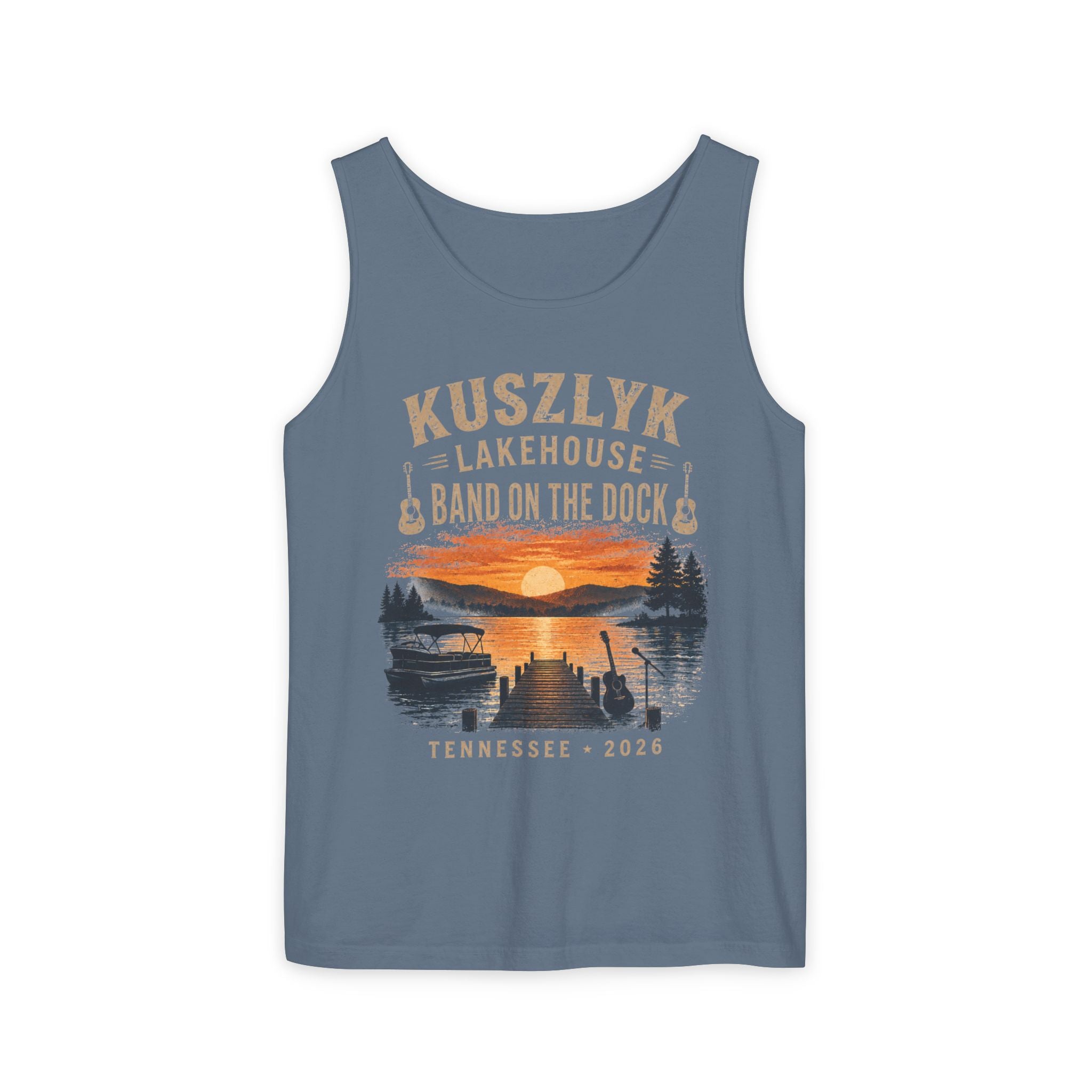 Lakehouse Tank Top — "Band on the Dock" Personalized Sunset Dock Tee