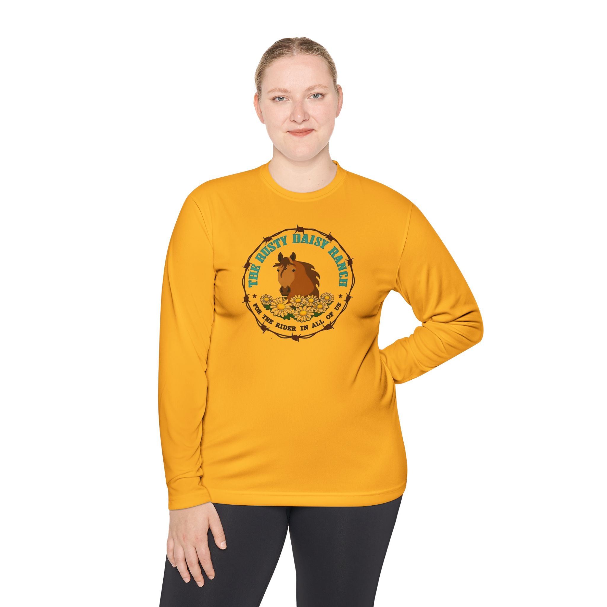 Long Sleeve Tee —Rusty Daisy Ranch logo front & "Follow me down the trail to" on back