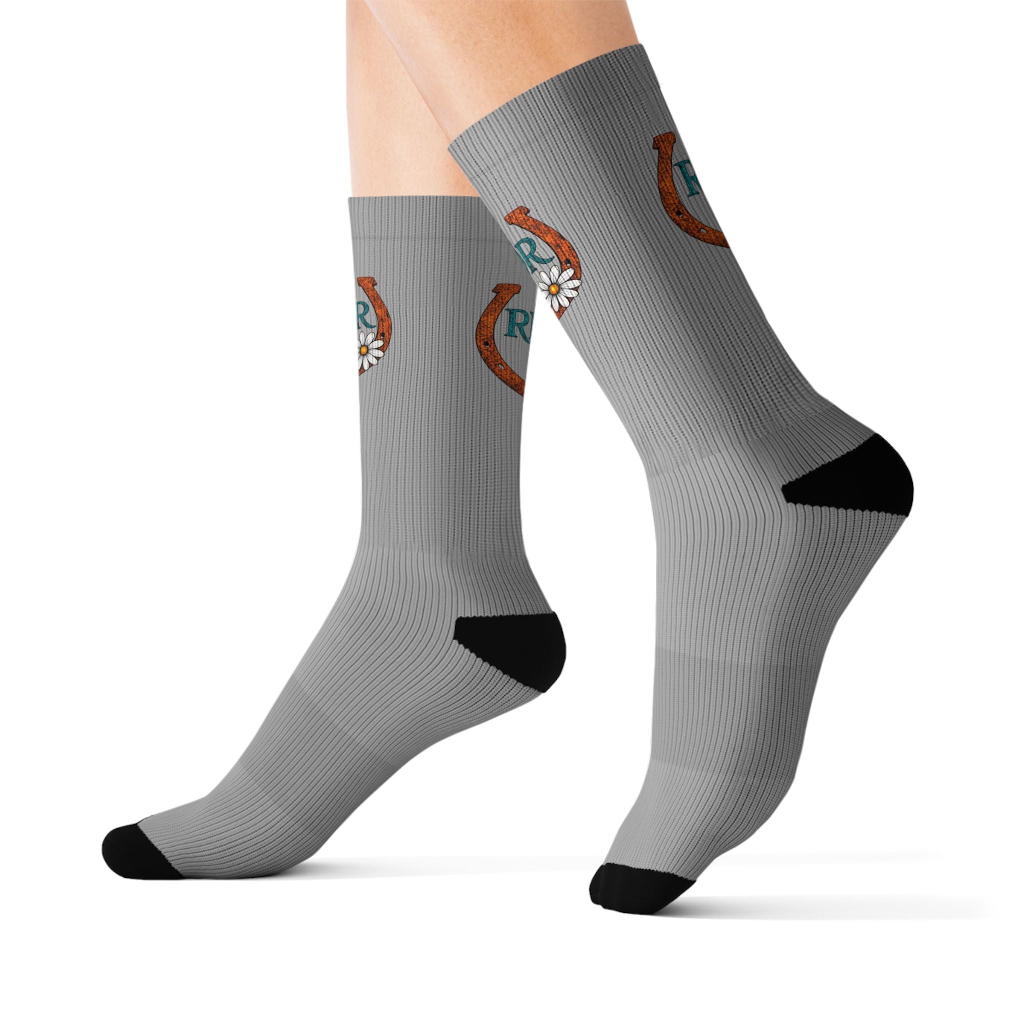 Grey Sublimation Socks with Horseshoe 'RDR' Logo — Equestrian Crew Socks