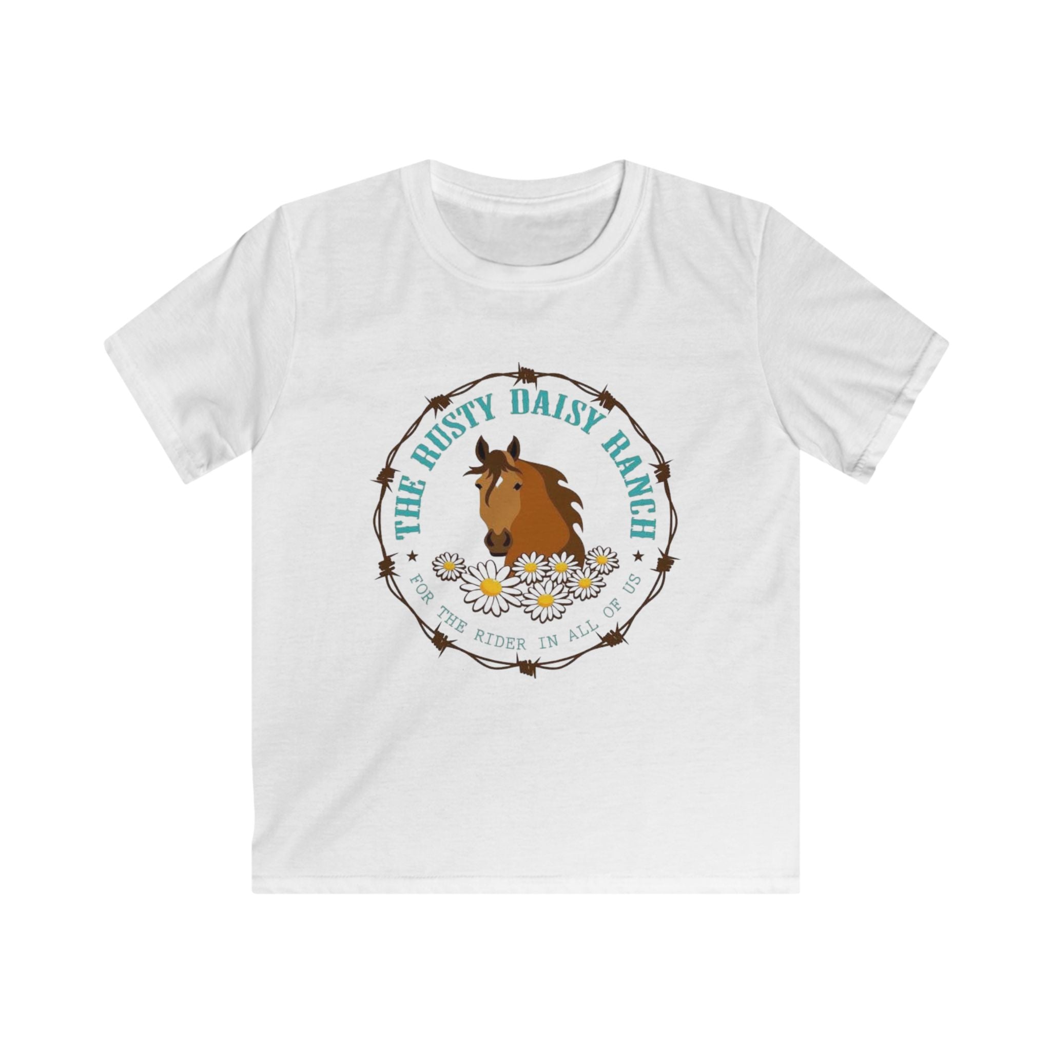 Kids Tee — Rusty Daisy Ranch Horse Graphic, “Follow Me Down The Trail To…”