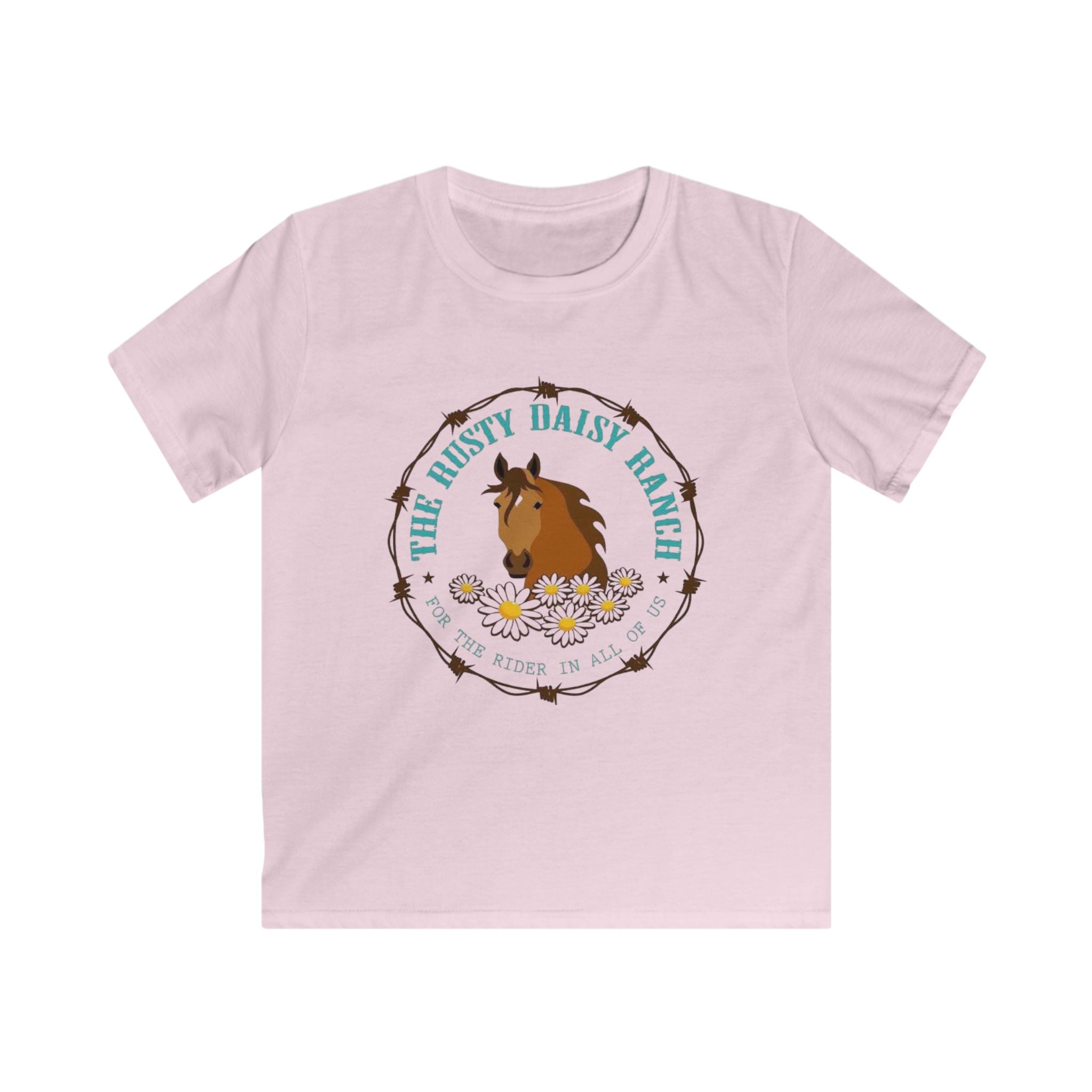 Kids Tee — Rusty Daisy Ranch Horse Graphic, “Follow Me Down The Trail To…”