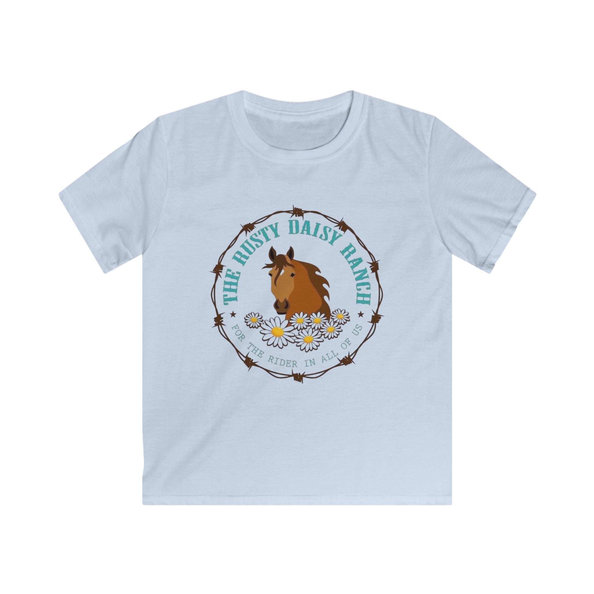 Kids Tee — Rusty Daisy Ranch Horse Graphic, “Follow Me Down The Trail To…”