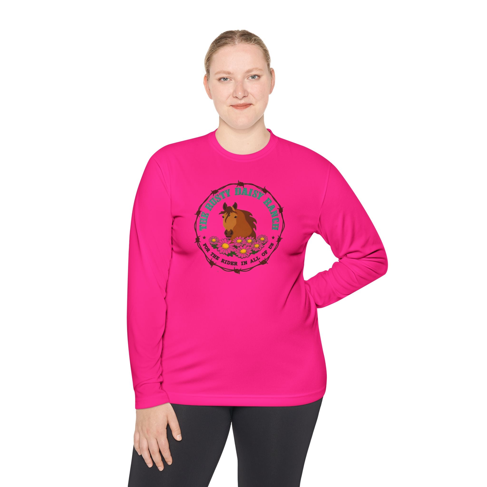 Long Sleeve Tee —Rusty Daisy Ranch logo front & "Follow me down the trail to" on back
