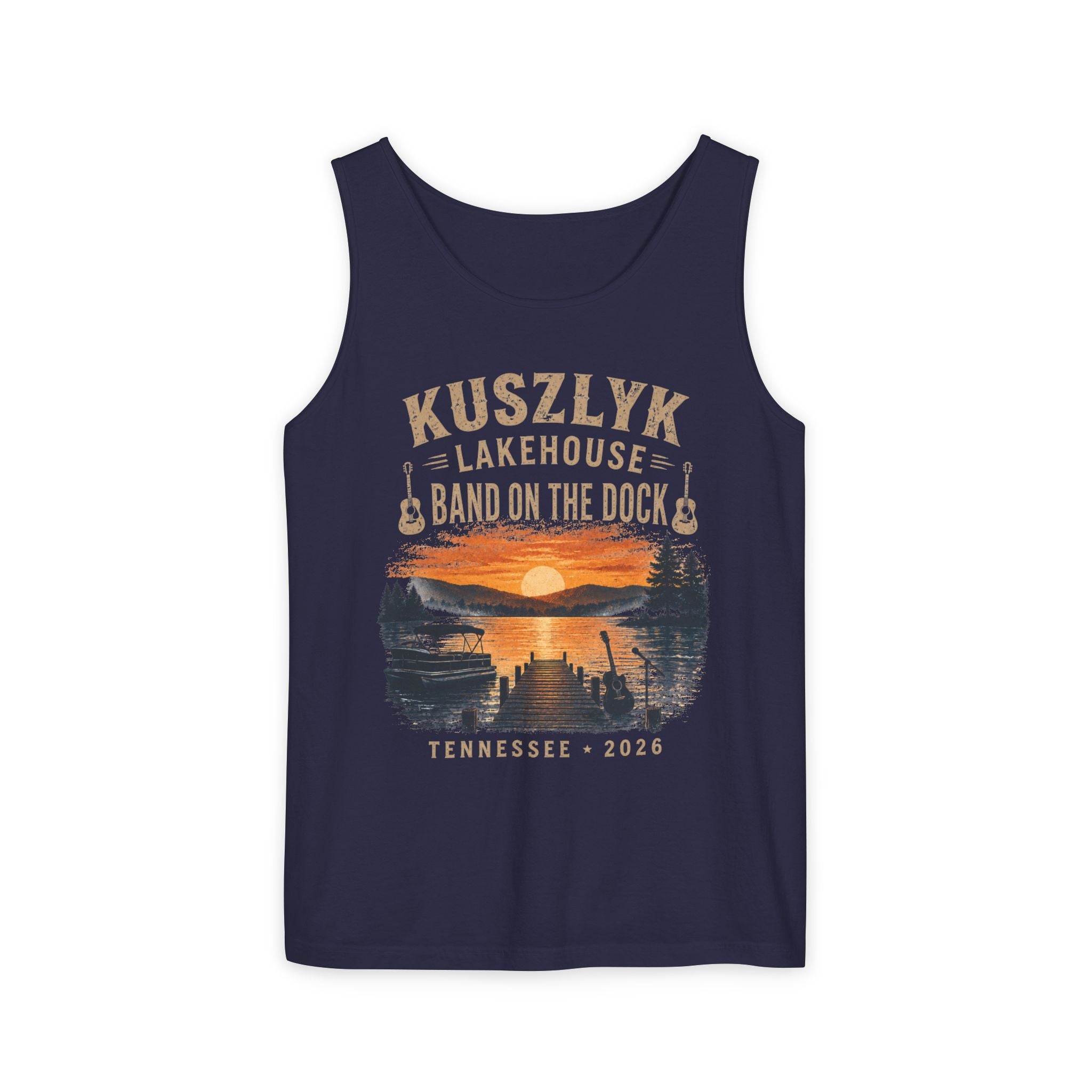 Lakehouse Tank Top — "Band on the Dock" Personalized Sunset Dock Tee