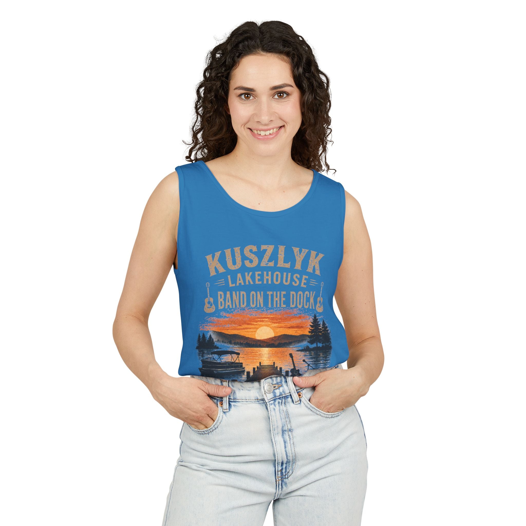Lakehouse Tank Top — "Band on the Dock" Personalized Sunset Dock Tee