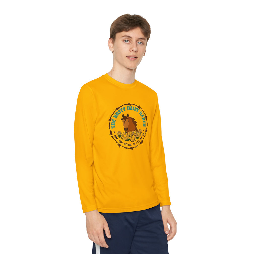 Youth Long Sleeve Tee — "The Rusty Daisy Ranch logo & "Follow Me Down the Trail to" on back
