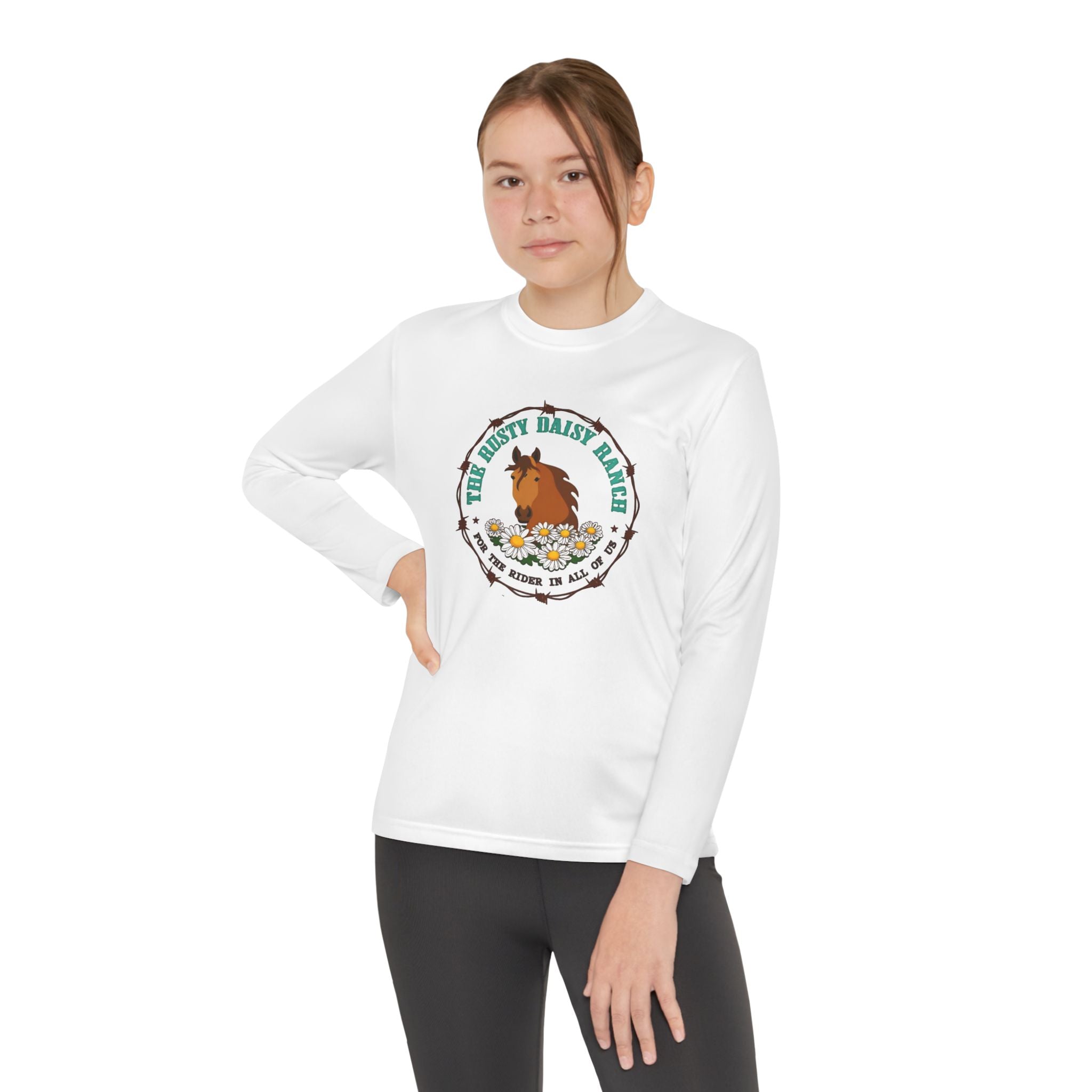 Youth Long Sleeve Tee — "The Rusty Daisy Ranch logo & "Follow Me Down the Trail to" on back