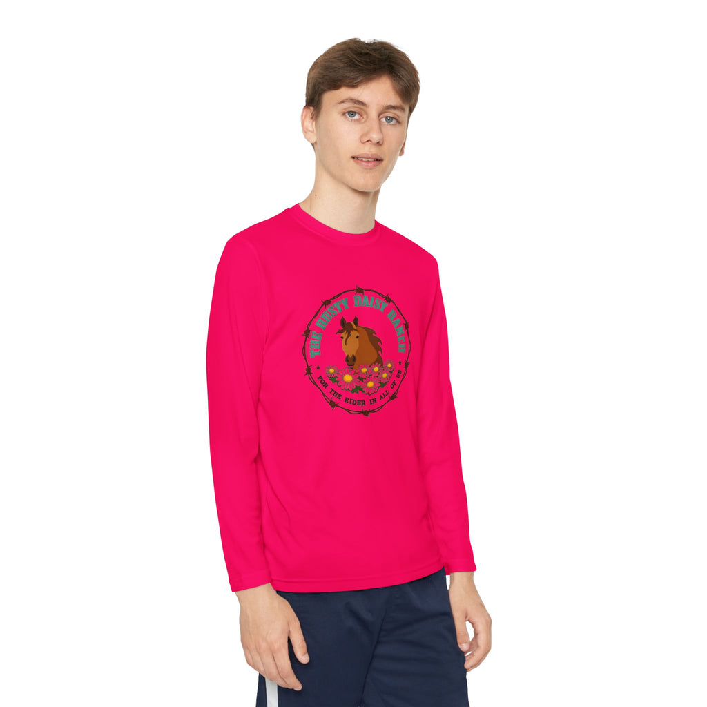 Youth Long Sleeve Tee — "The Rusty Daisy Ranch logo & "Follow Me Down the Trail to" on back