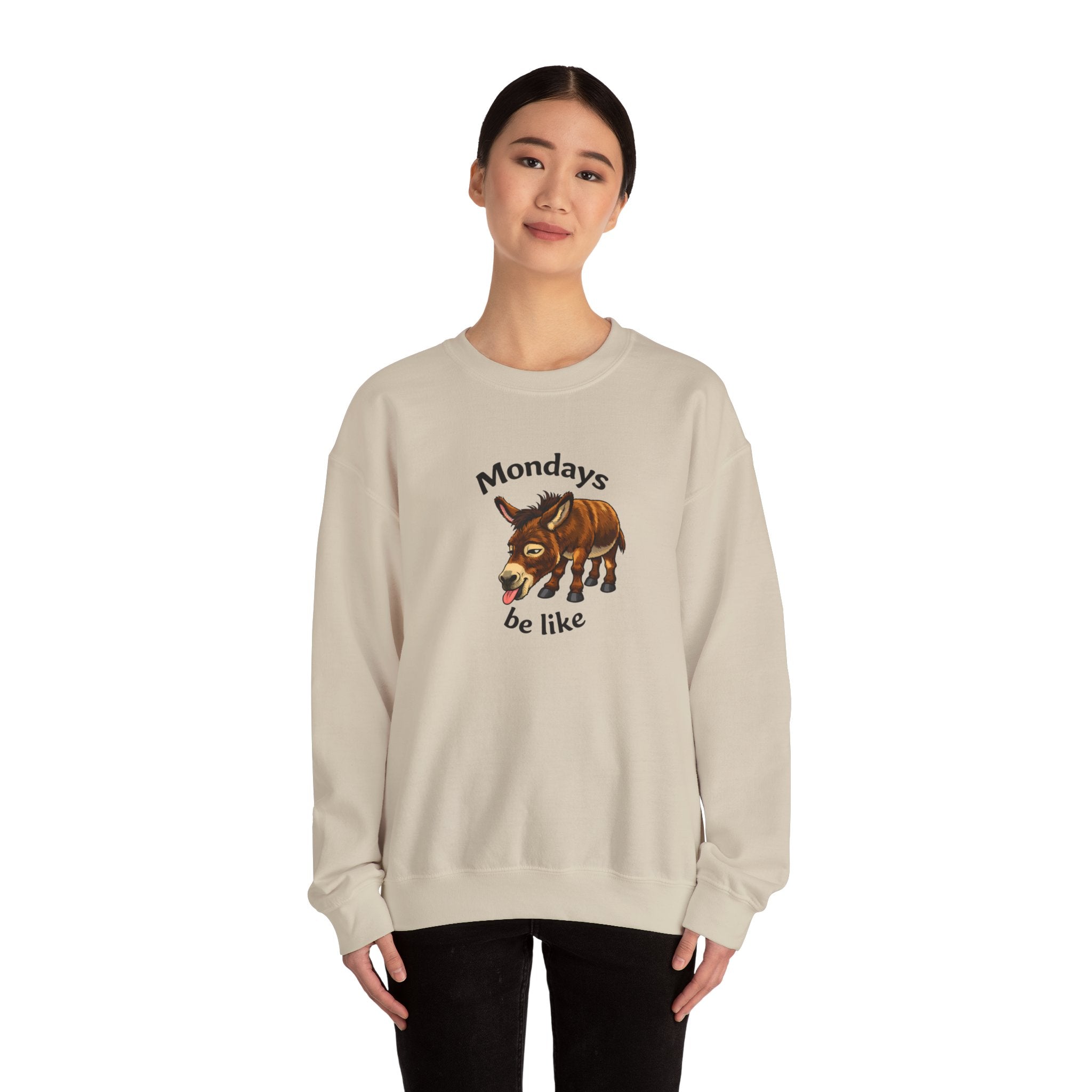 Crewneck Sweatshirt — "Mondays Be Like" Donkey Graphic Cozy Pullover