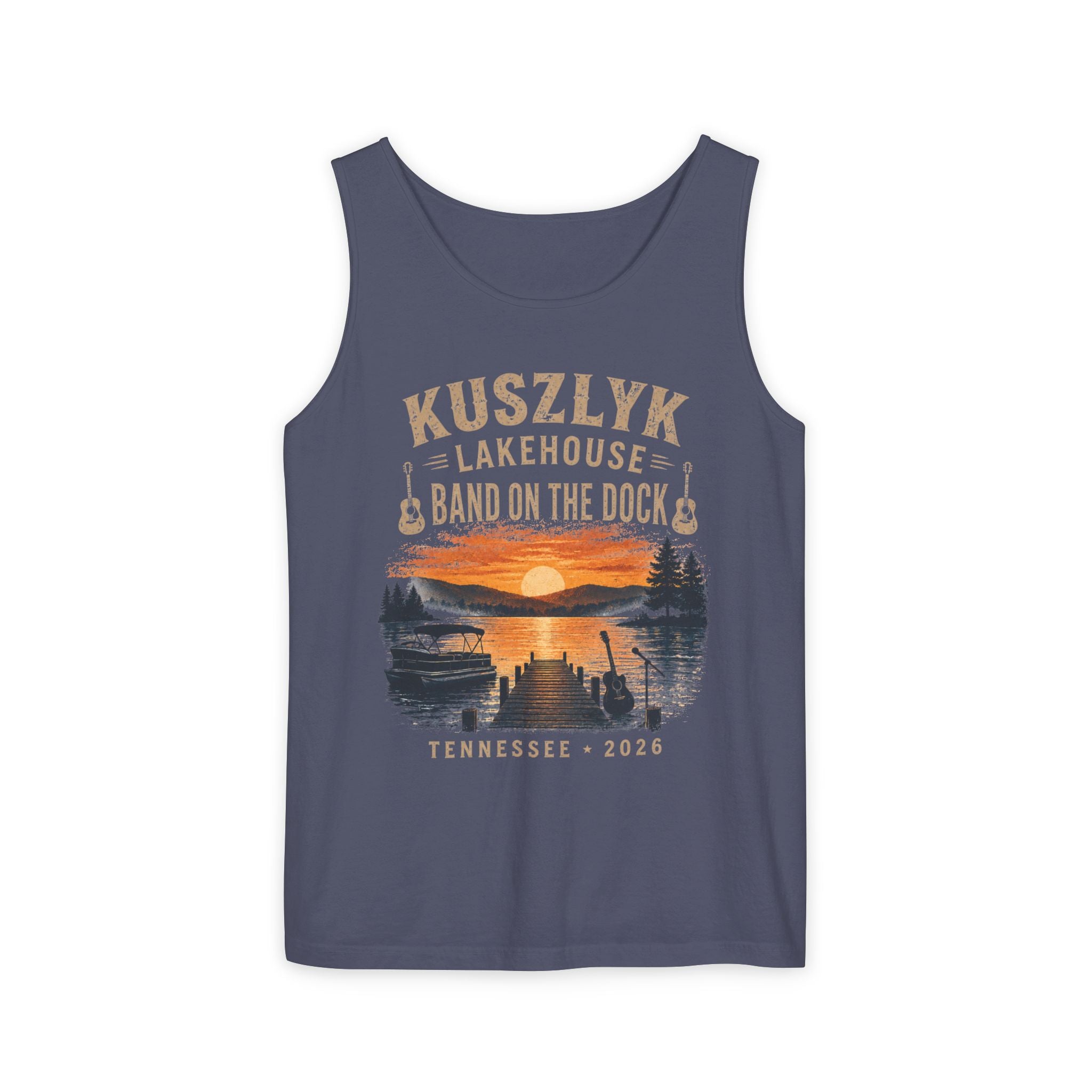 Lakehouse Tank Top — "Band on the Dock" Personalized Sunset Dock Tee