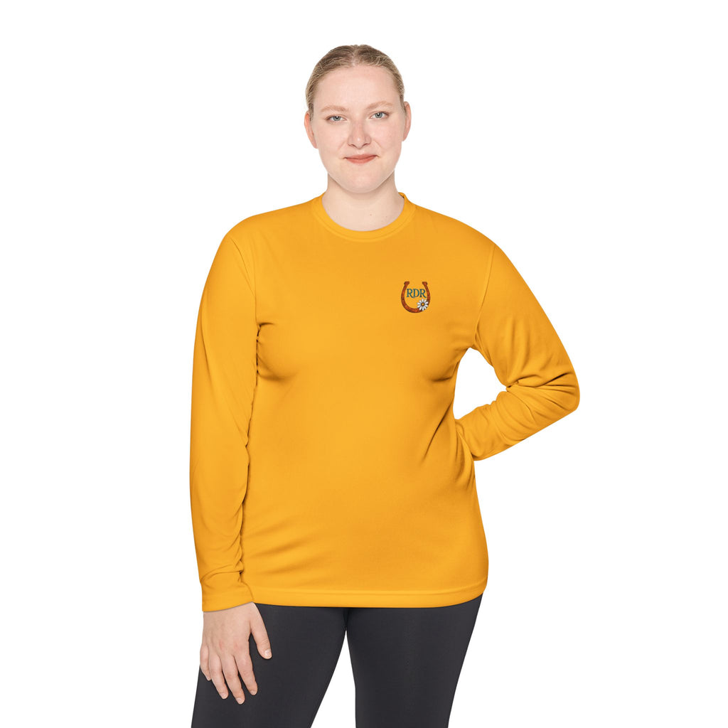 Long Sleeve Tee — RDR logo front & Rusty Daisy Ranch logo & "Follow me down the trail to" back