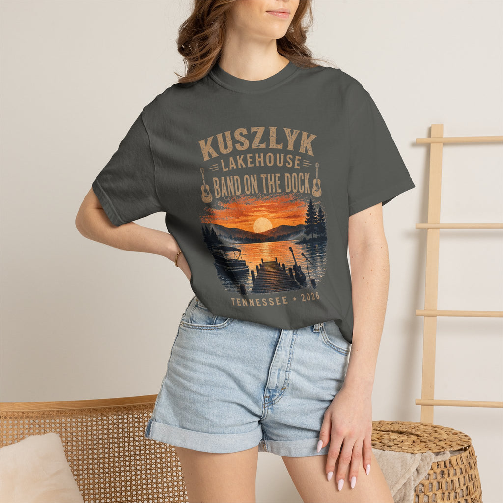 Lakehouse Dock T-Shirt — "Band on the Dock" Sunset Graphic Tee (Tennessee 2024)