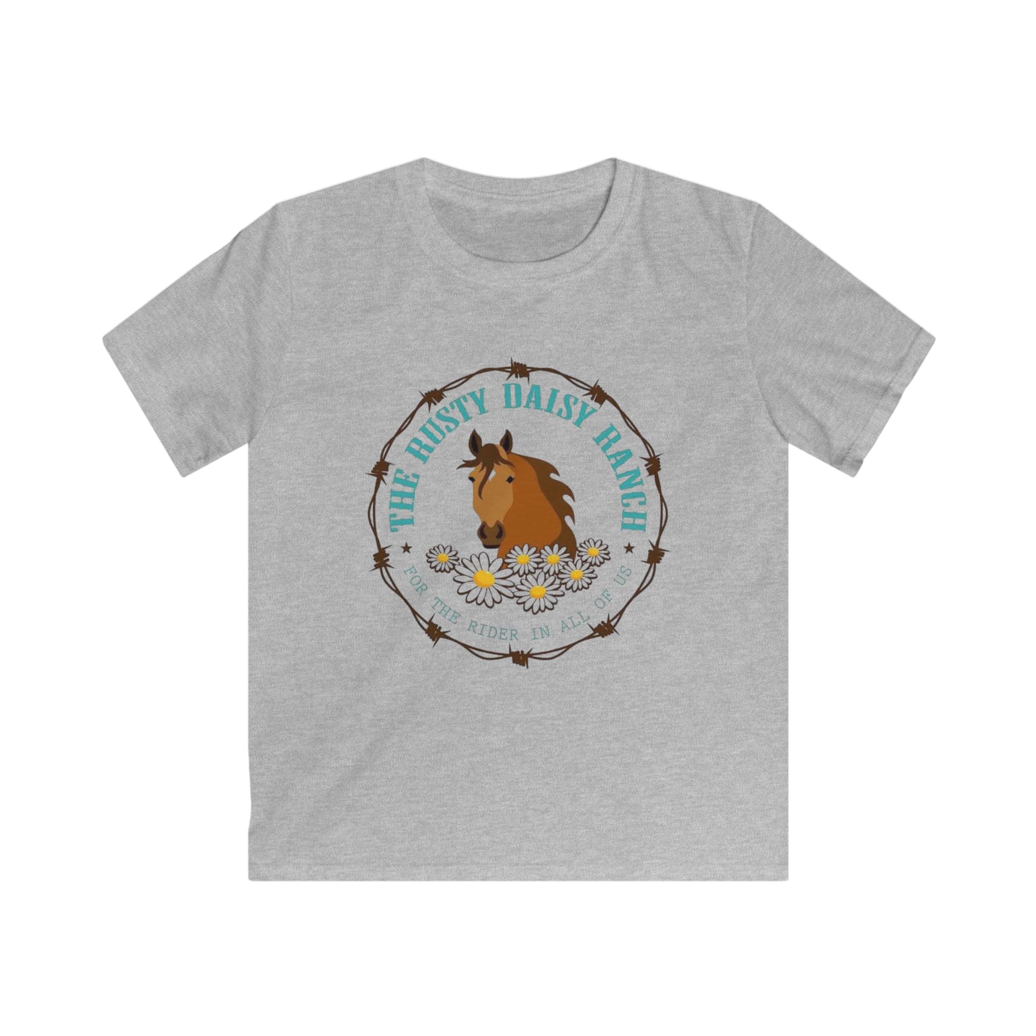Kids Tee — Rusty Daisy Ranch Horse Graphic, “Follow Me Down The Trail To…”