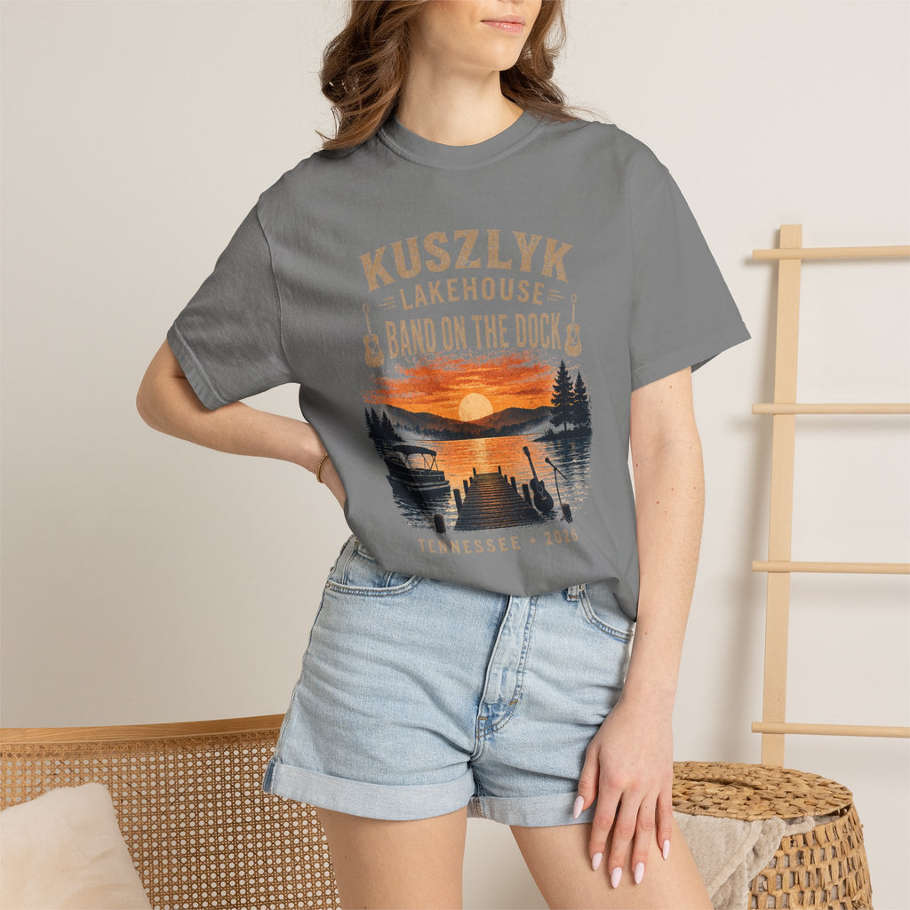Lakehouse Dock T-Shirt — "Band on the Dock" Sunset Graphic Tee (Tennessee 2024)