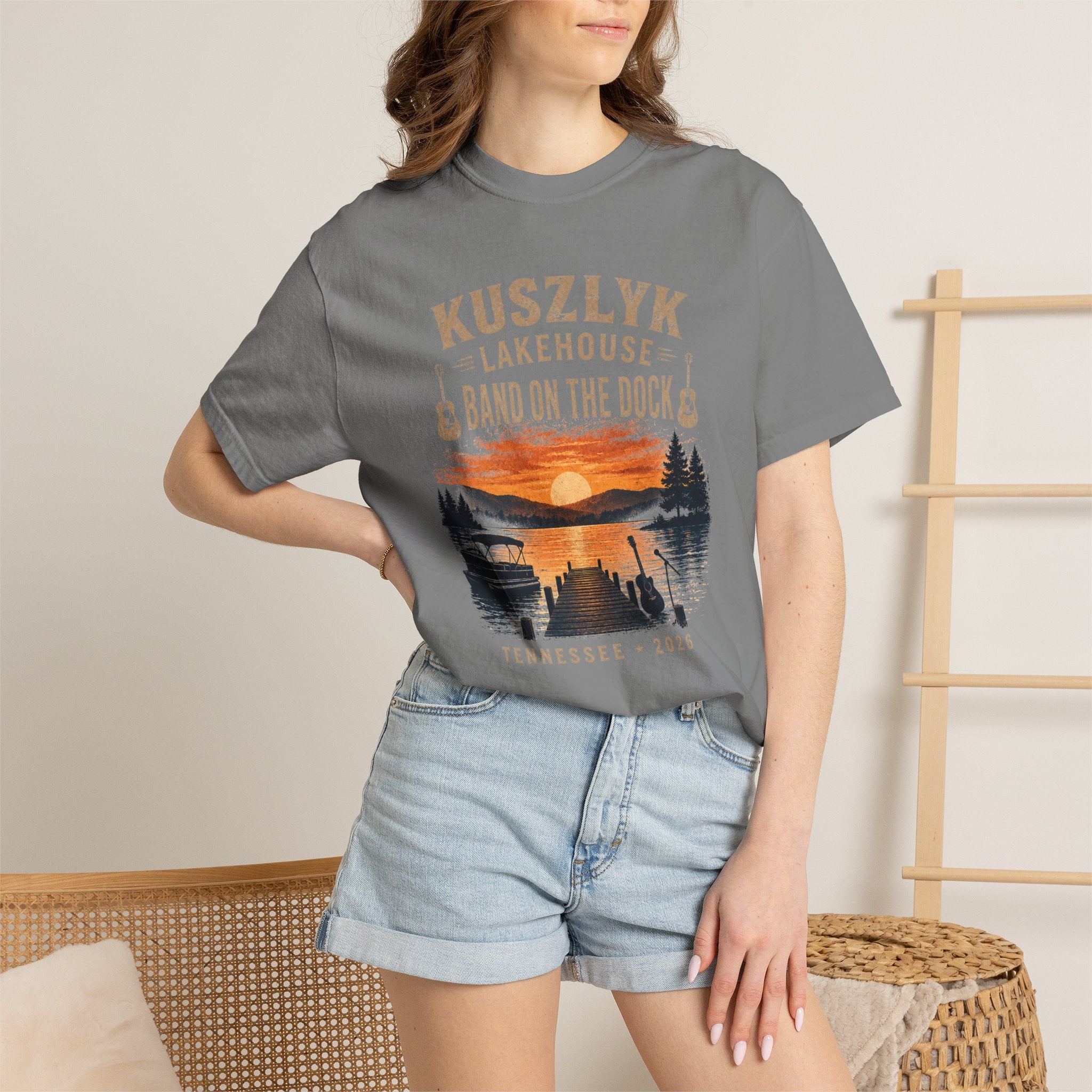 Lakehouse Dock T-Shirt — "Band on the Dock" Sunset Graphic Tee (Tennessee 2024)
