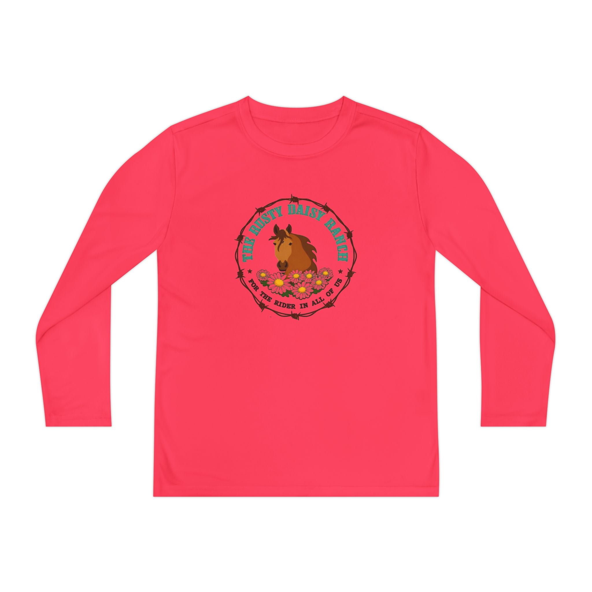 Youth Long Sleeve Tee — "The Rusty Daisy Ranch logo & "Follow Me Down the Trail to" on back
