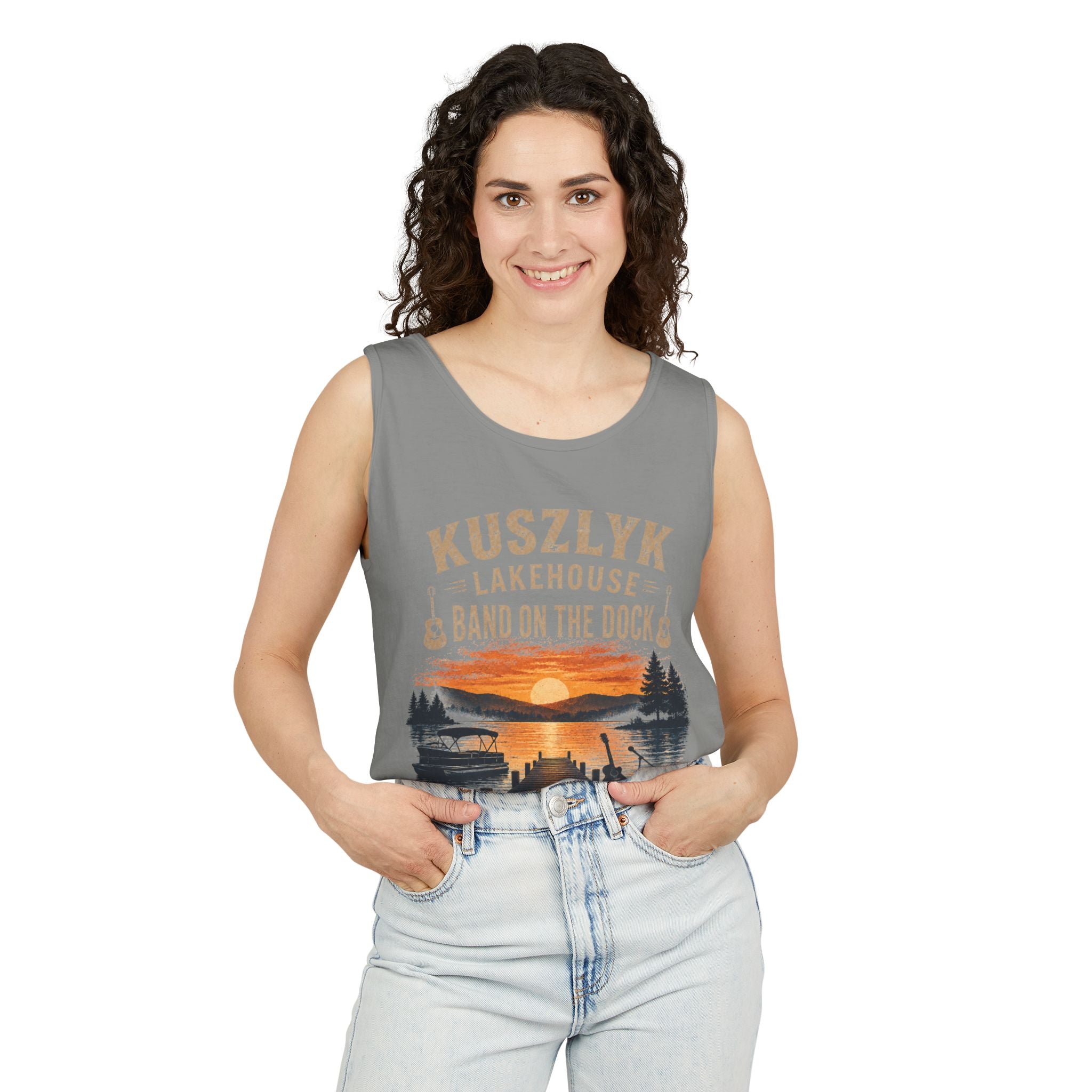 Lakehouse Tank Top — "Band on the Dock" Personalized Sunset Dock Tee