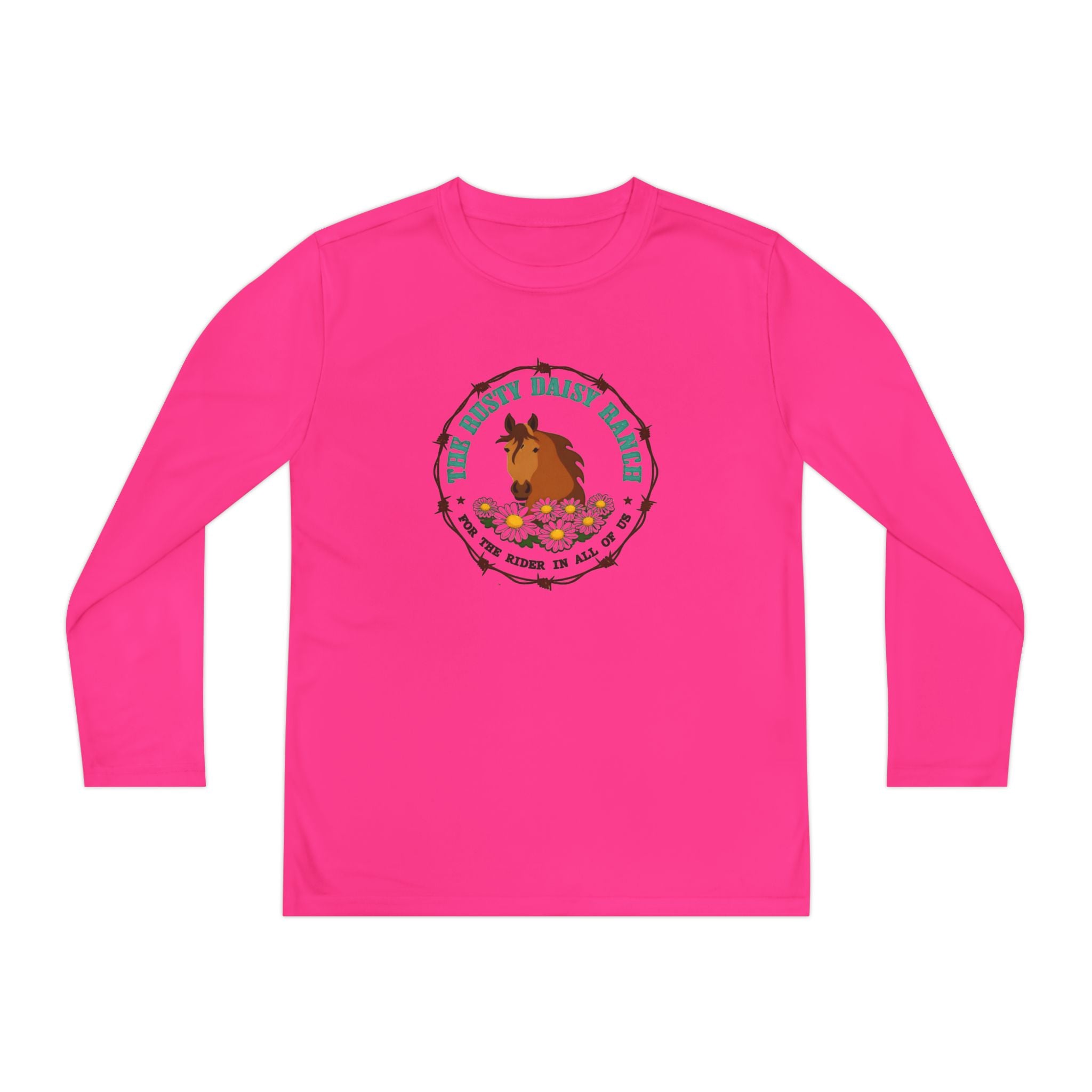 Youth Long Sleeve Tee — "The Rusty Daisy Ranch logo & "Follow Me Down the Trail to" on back