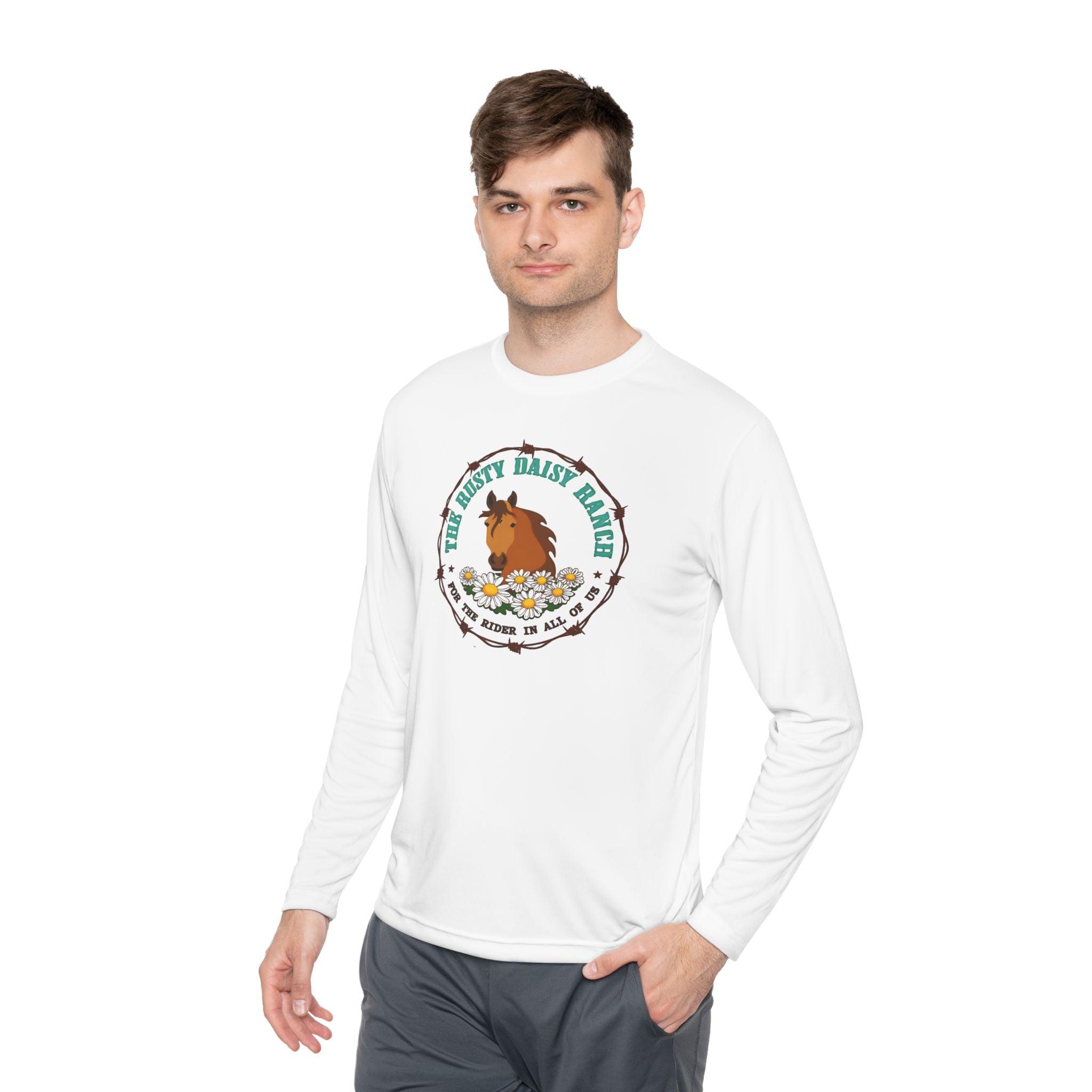 Long Sleeve Tee —Rusty Daisy Ranch logo front & "Follow me down the trail to" on back