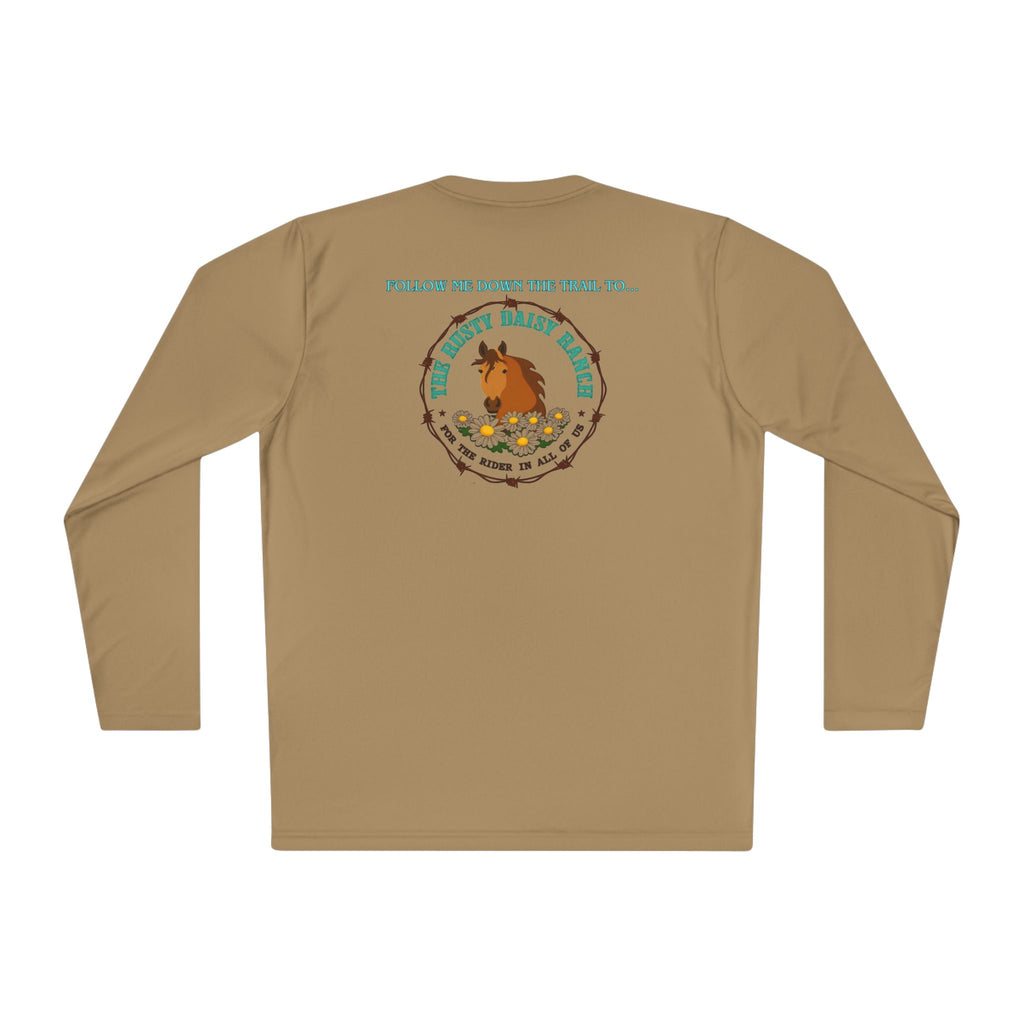 Long Sleeve Tee — RDR logo front & Rusty Daisy Ranch logo & "Follow me down the trail to" back