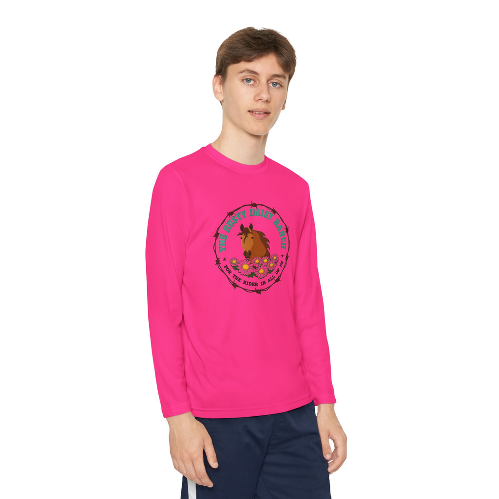 Youth Long Sleeve Tee — "The Rusty Daisy Ranch logo & "Follow Me Down the Trail to" on back