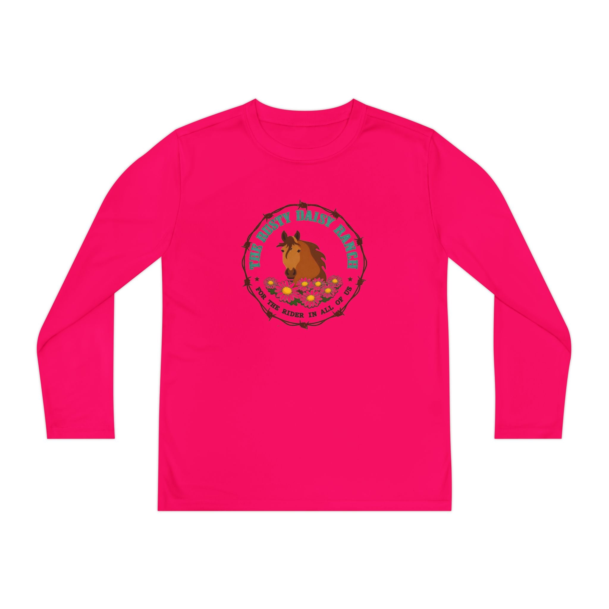 Youth Long Sleeve Tee — "The Rusty Daisy Ranch logo & "Follow Me Down the Trail to" on back