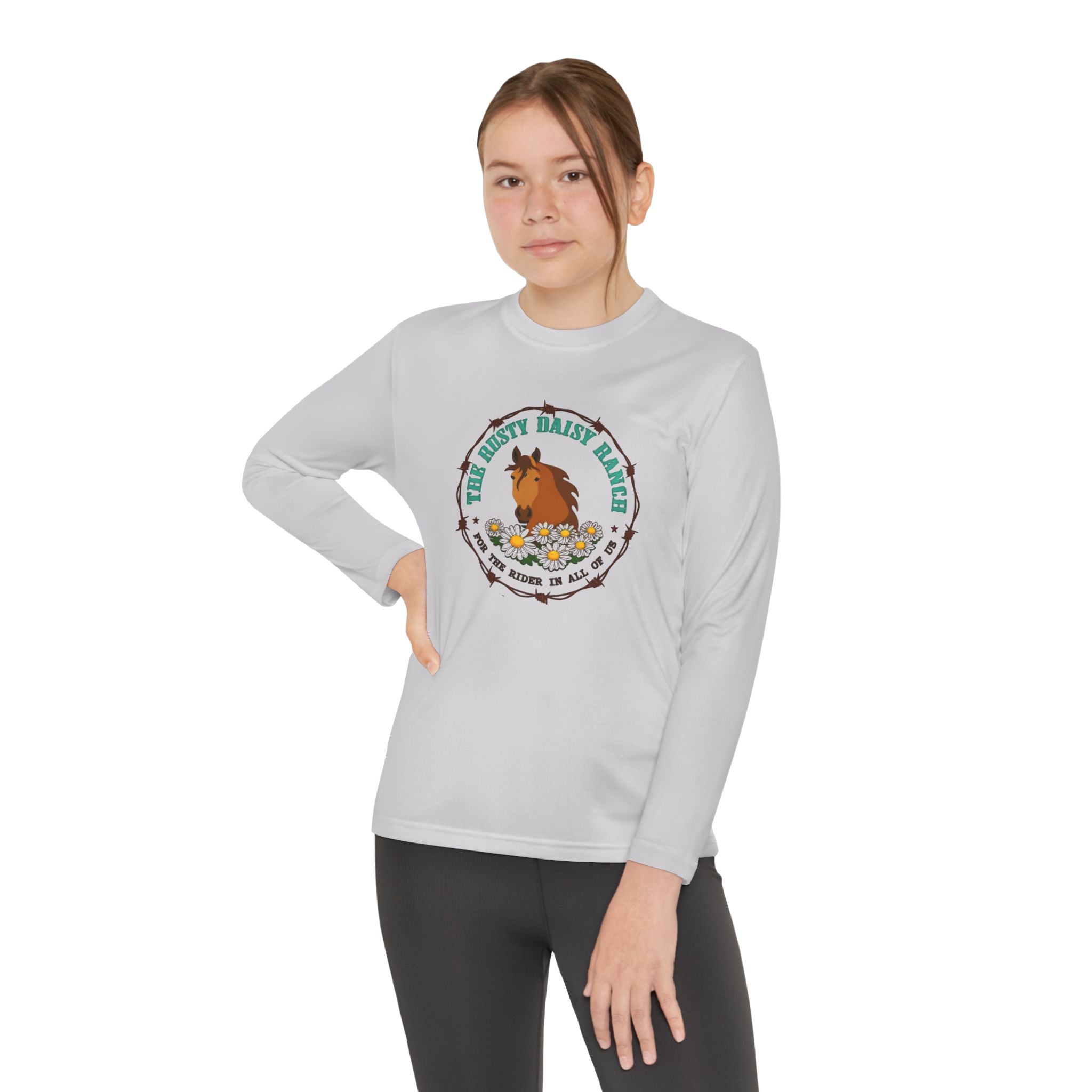 Youth Long Sleeve Tee — "The Rusty Daisy Ranch logo & "Follow Me Down the Trail to" on back
