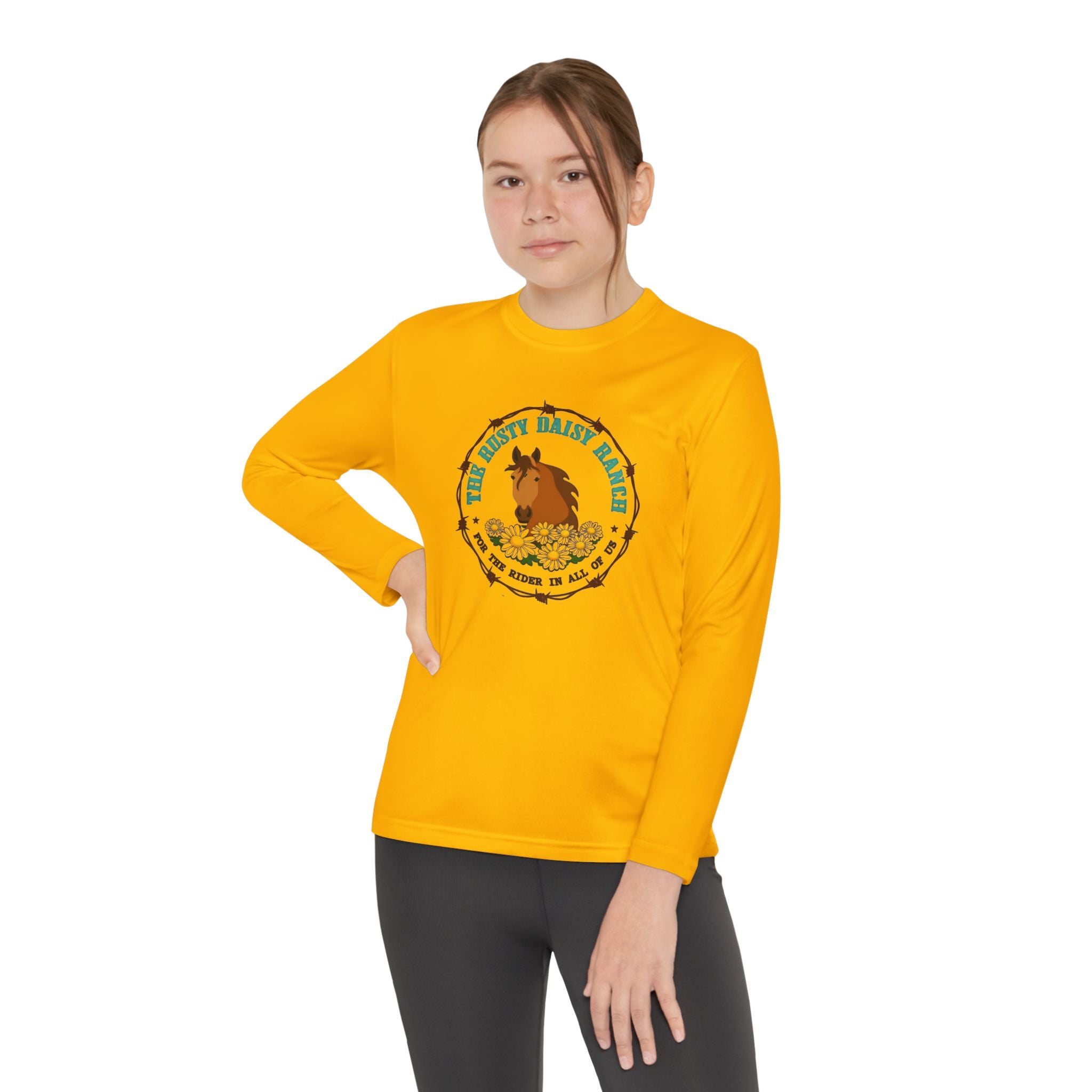 Youth Long Sleeve Tee — "The Rusty Daisy Ranch logo & "Follow Me Down the Trail to" on back