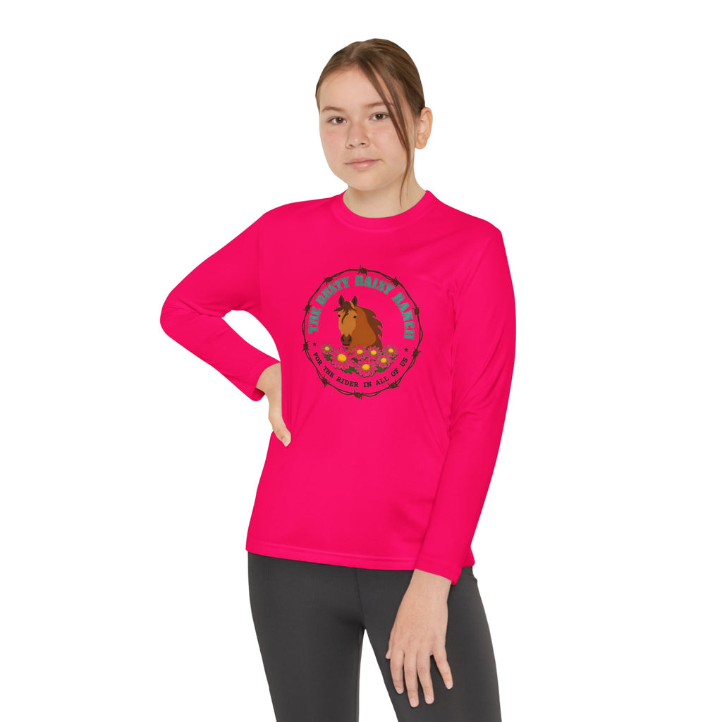 Youth Long Sleeve Tee — "The Rusty Daisy Ranch logo & "Follow Me Down the Trail to" on back