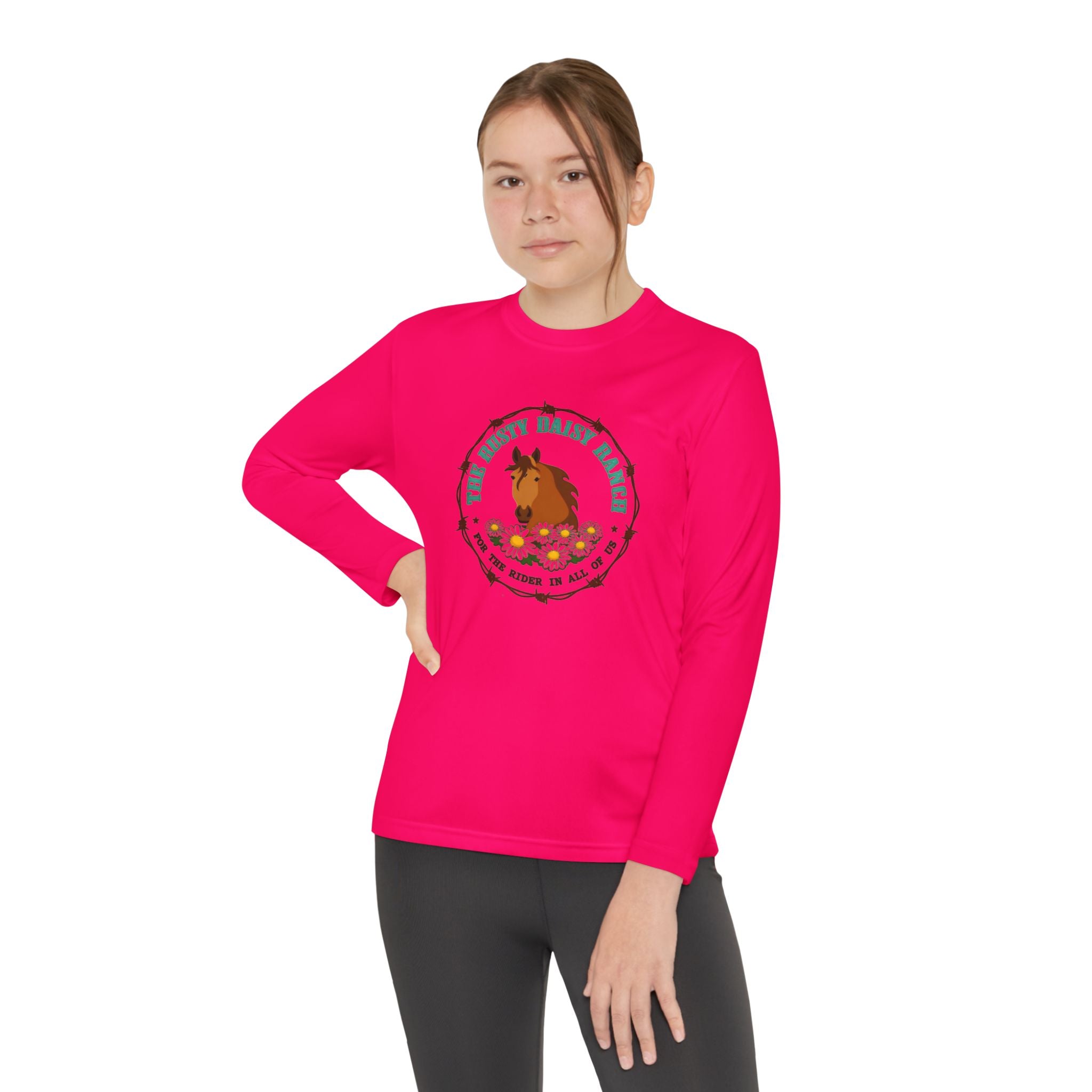 Youth Long Sleeve Tee — "The Rusty Daisy Ranch logo & "Follow Me Down the Trail to" on back