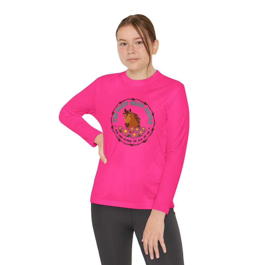 Youth Long Sleeve Tee — "The Rusty Daisy Ranch logo & "Follow Me Down the Trail to" on back