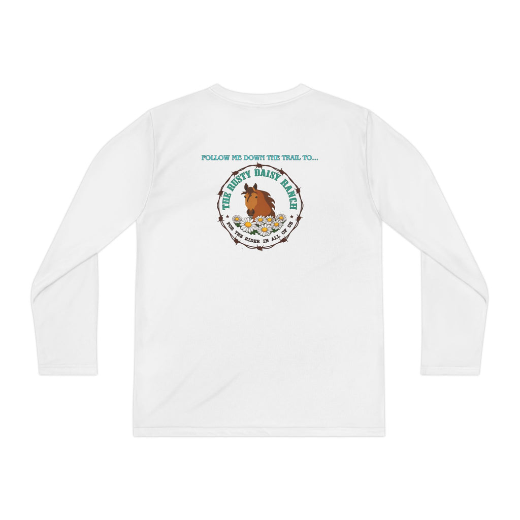 Youth Long Sleeve Tee — RDR logo in front & Follow me down the trail to & logo in back