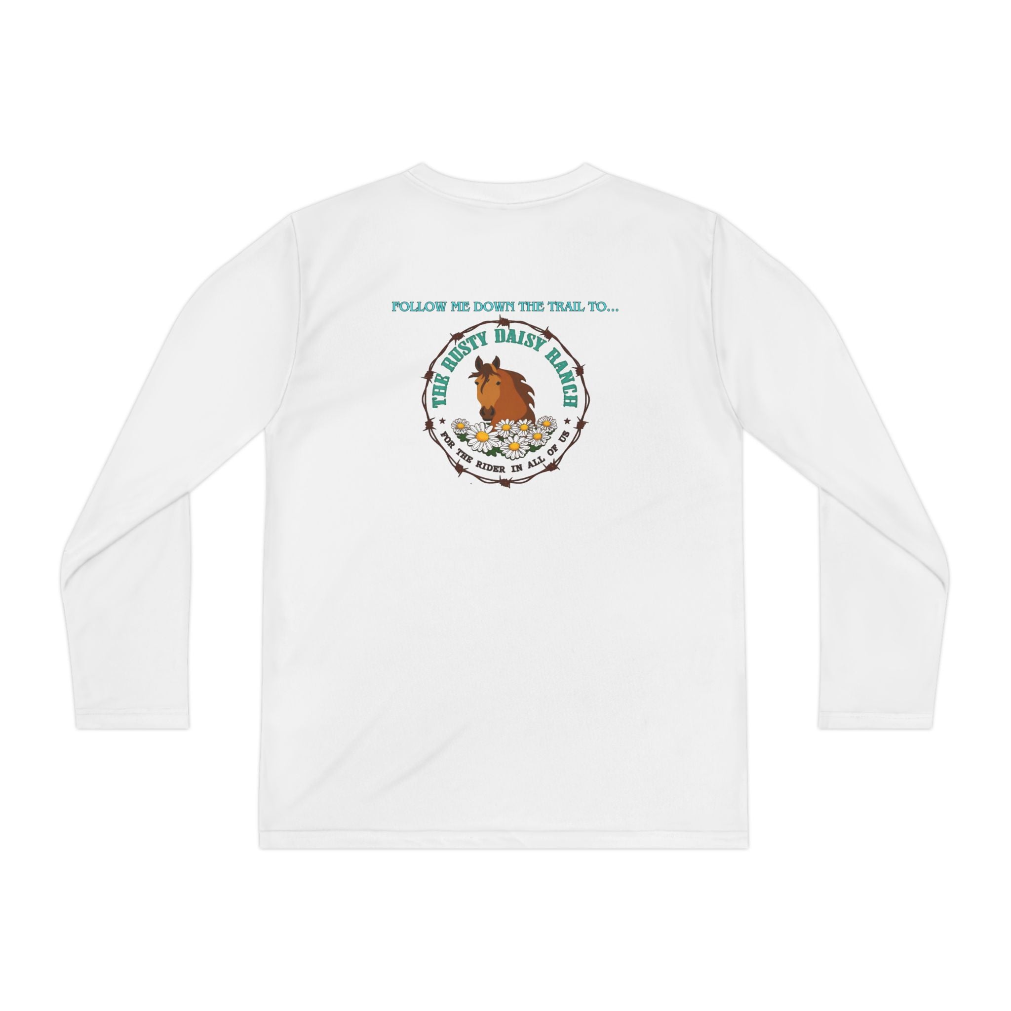 Youth Long Sleeve Tee — RDR logo in front & Follow me down the trail to & logo in back