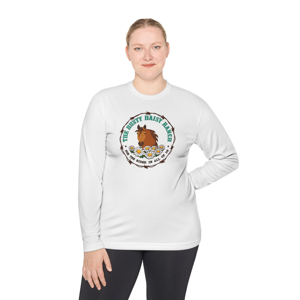 Long Sleeve Tee —Rusty Daisy Ranch logo front & "Follow me down the trail to" on back