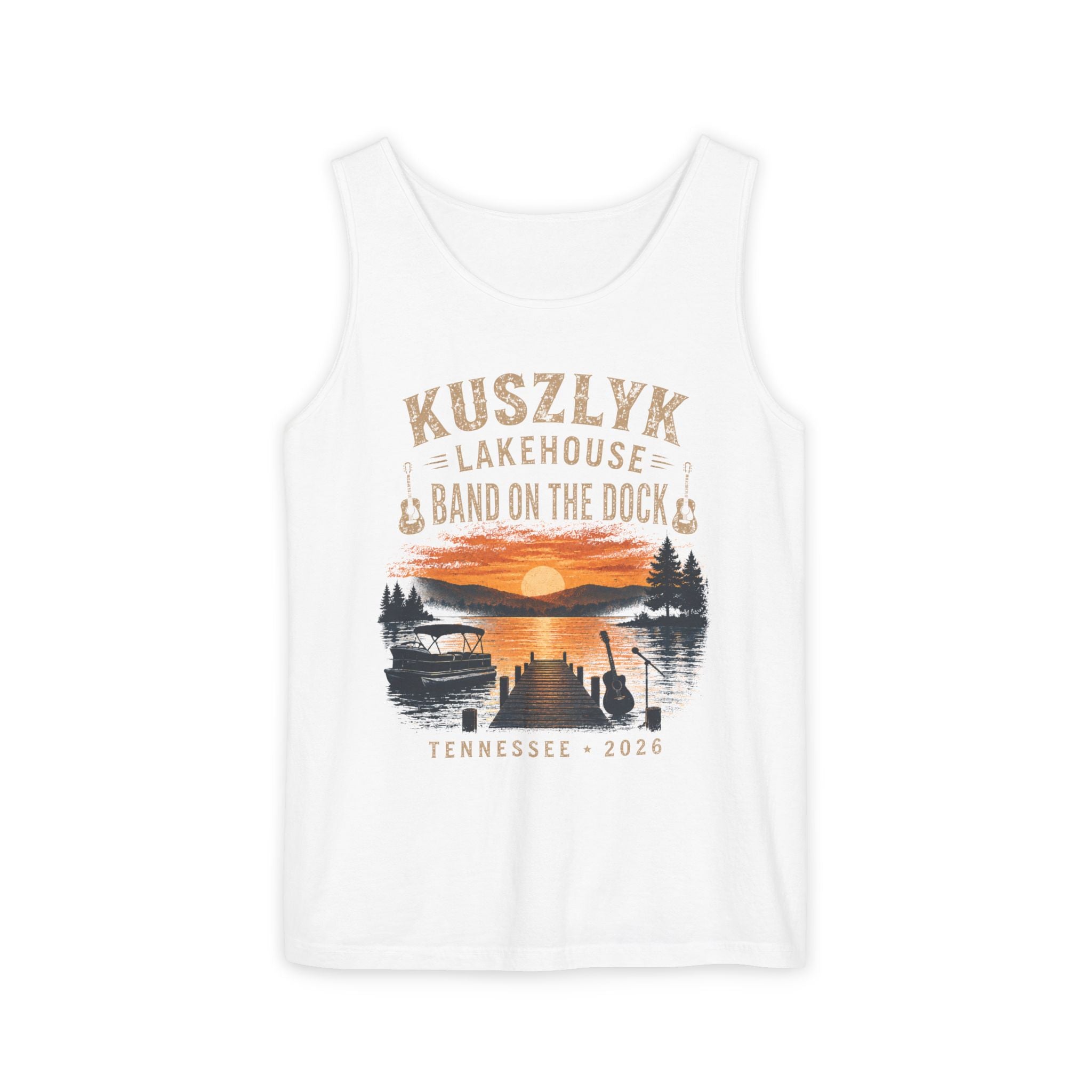 Lakehouse Tank Top — "Band on the Dock" Personalized Sunset Dock Tee