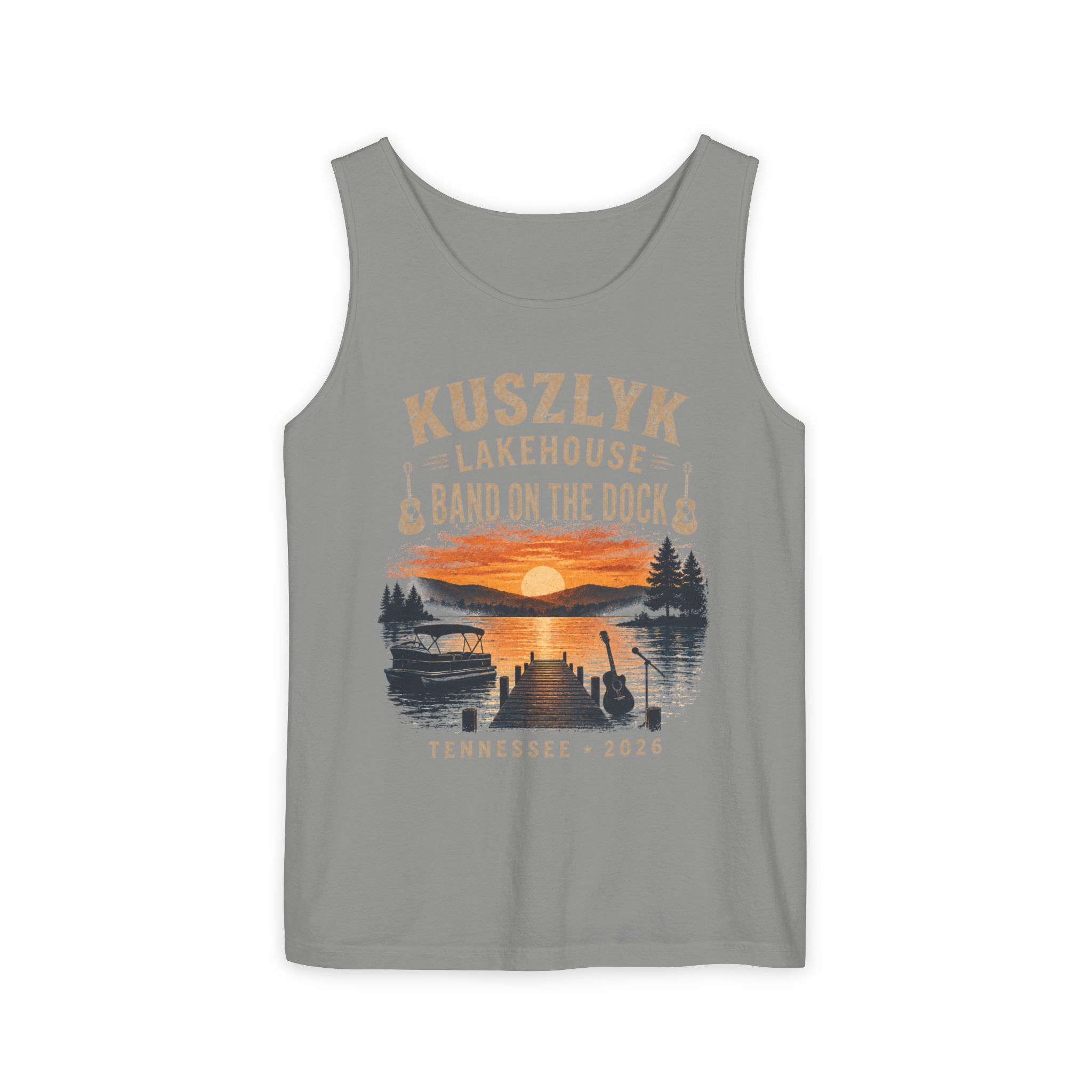 Lakehouse Tank Top — "Band on the Dock" Personalized Sunset Dock Tee