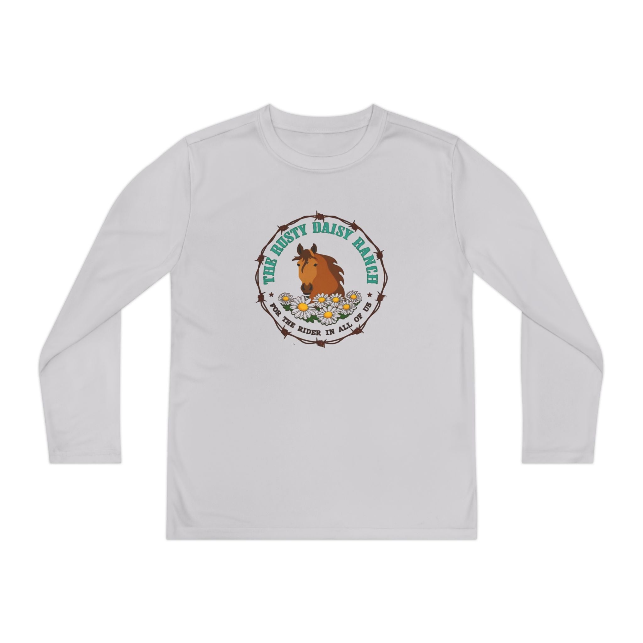 Youth Long Sleeve Tee — "The Rusty Daisy Ranch logo & "Follow Me Down the Trail to" on back