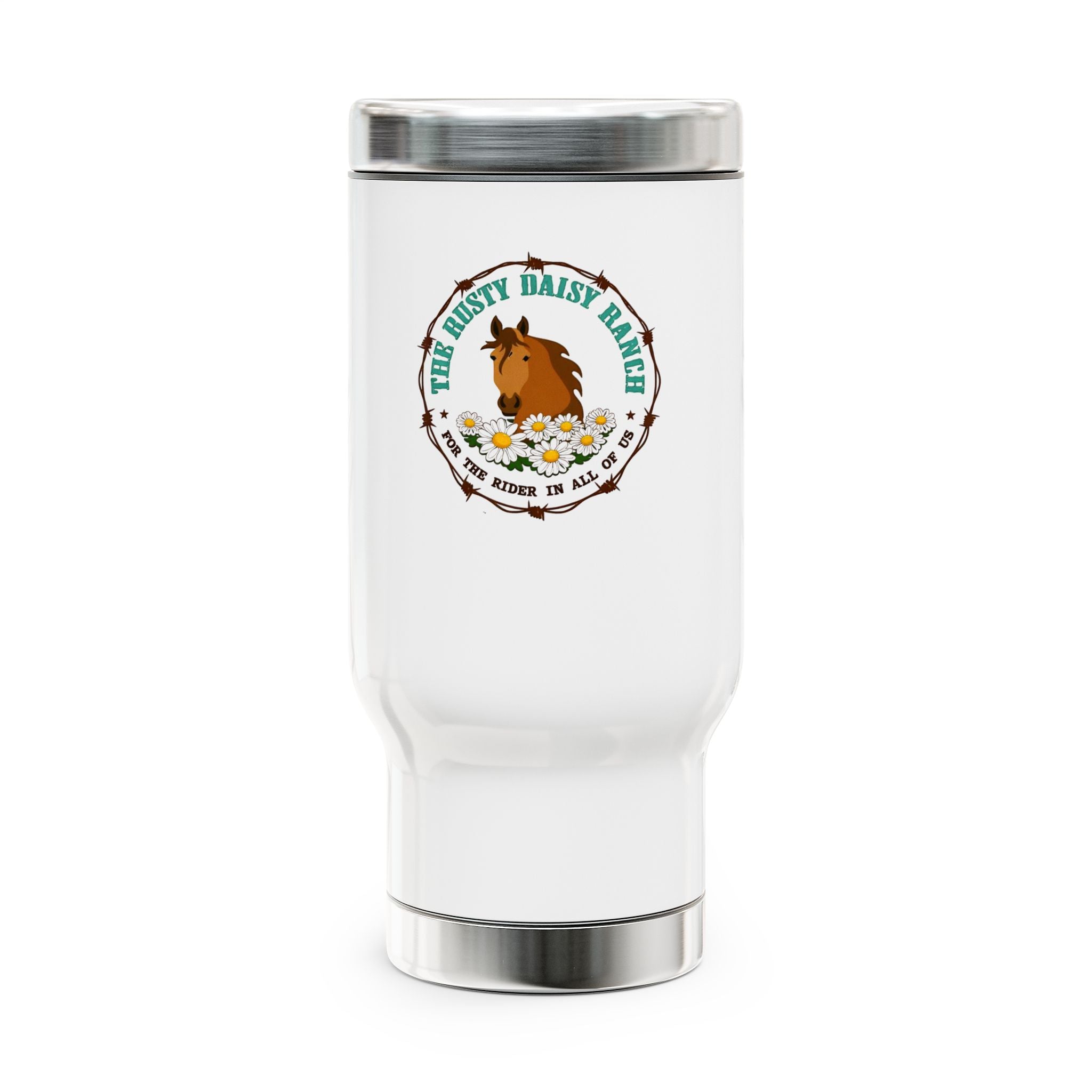 Stainless Steel Travel Mug with Handle – 14oz with double Rusty Daisy Ranch logo