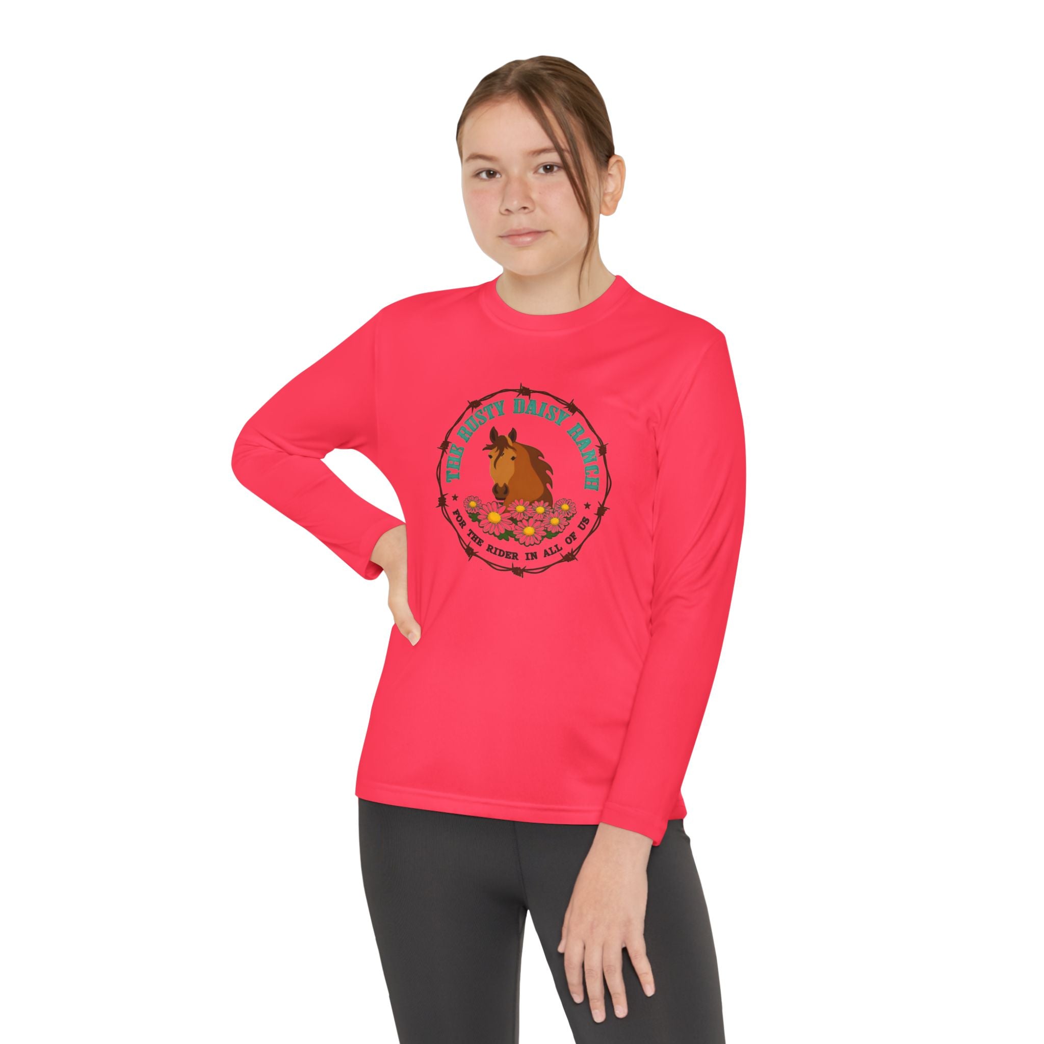 Youth Long Sleeve Tee — "The Rusty Daisy Ranch logo & "Follow Me Down the Trail to" on back