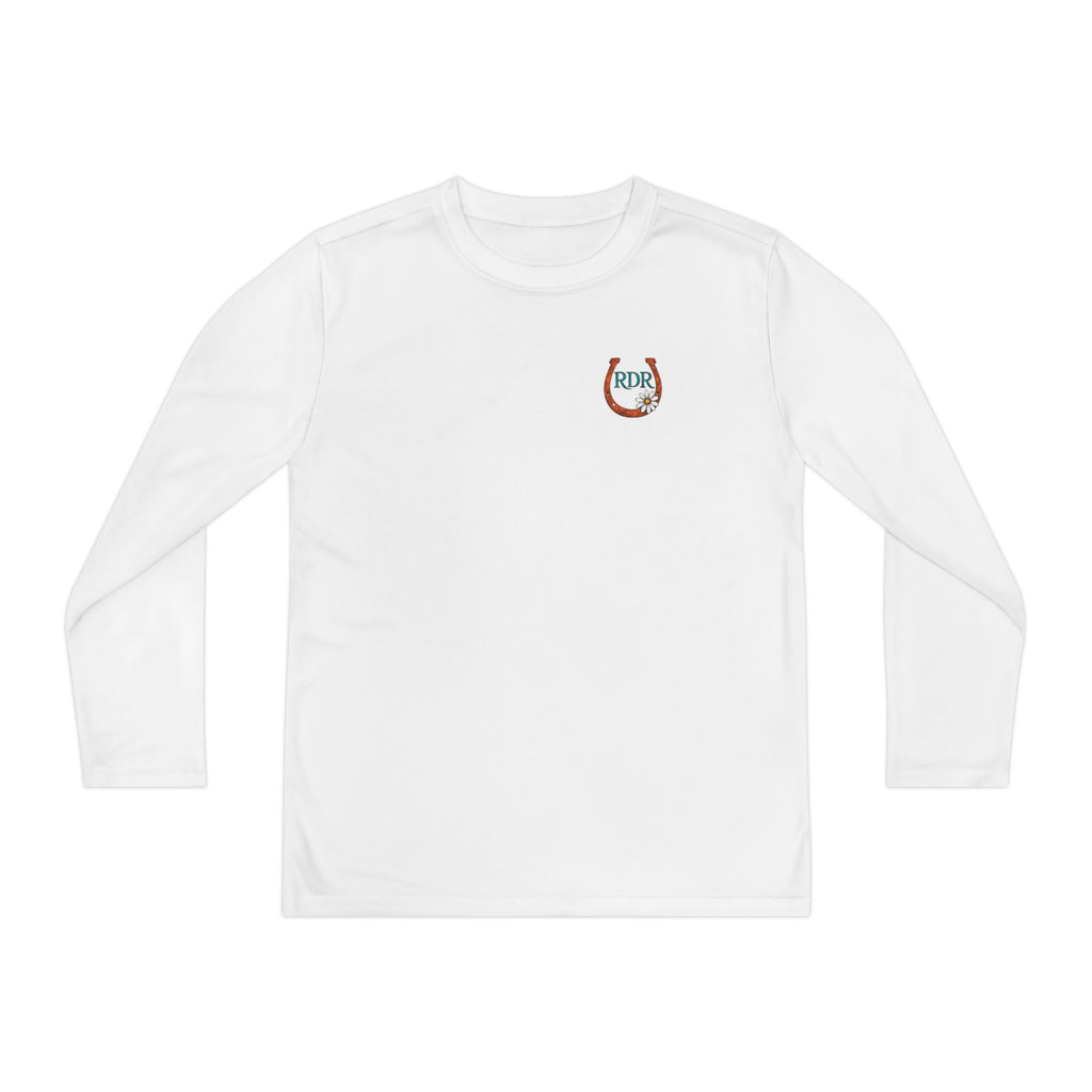 Youth Long Sleeve Tee — RDR logo in front & Follow me down the trail to & logo in back