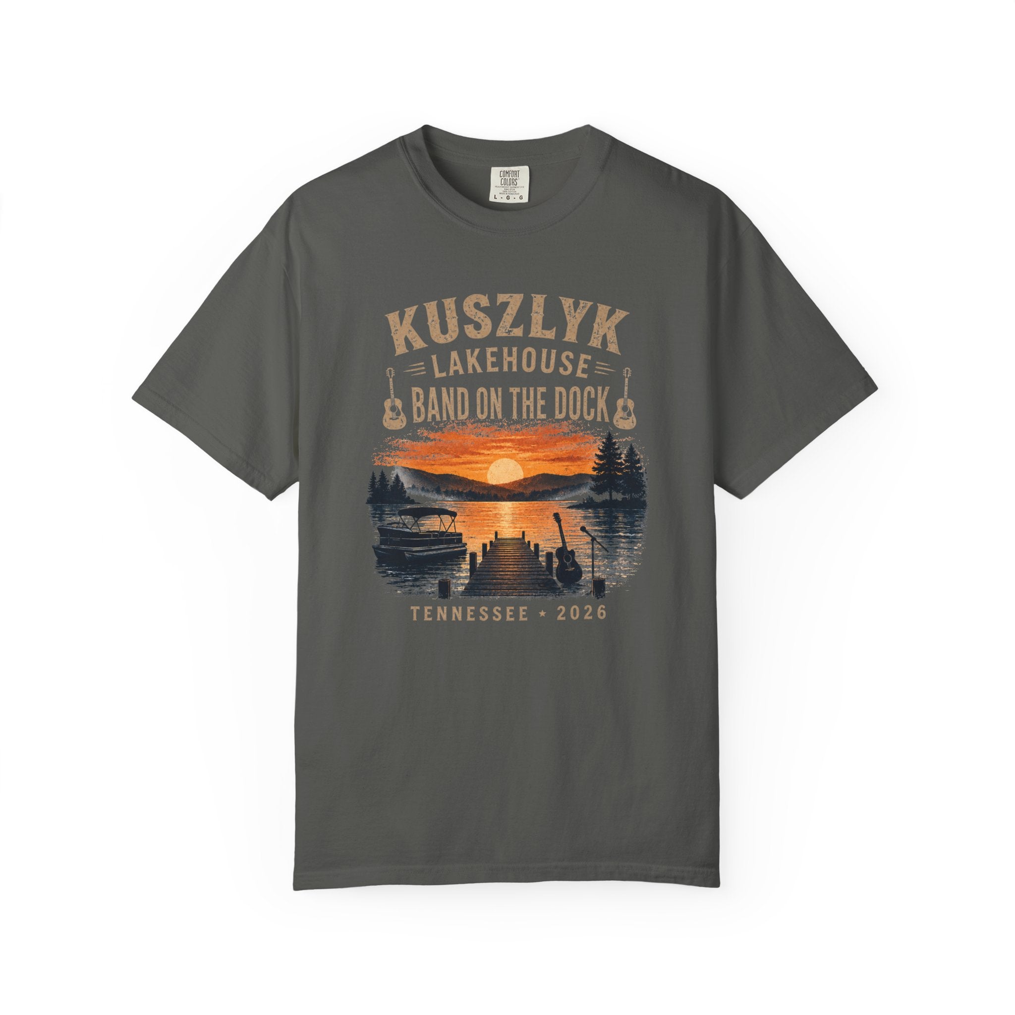 Lakehouse Dock T-Shirt — "Band on the Dock" Sunset Graphic Tee (Tennessee 2024)